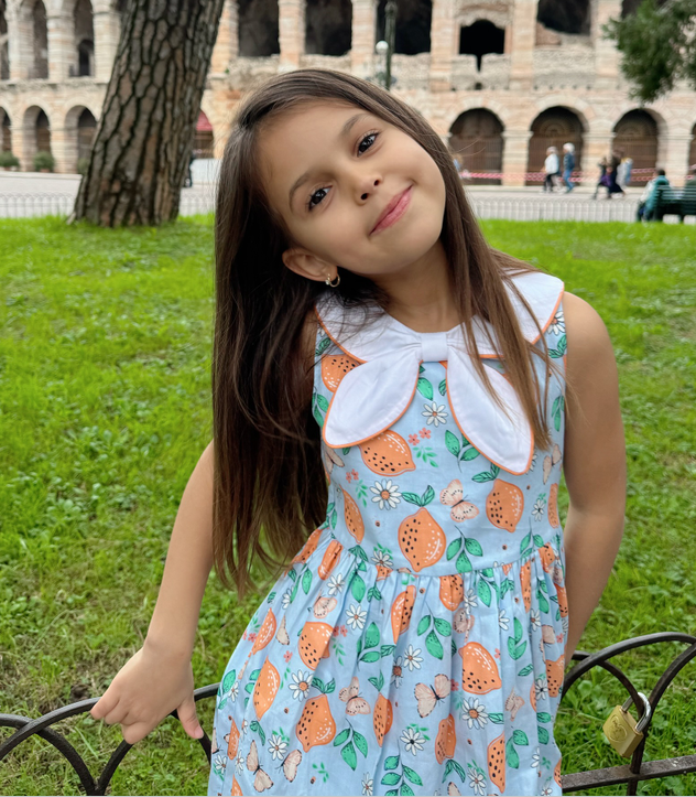 thumbnail video image 2 of Girls Dress Round Neck Cross Collar Bow Tie Butterfly Lemon Sleeveless 7-8 Years, 2 of 7