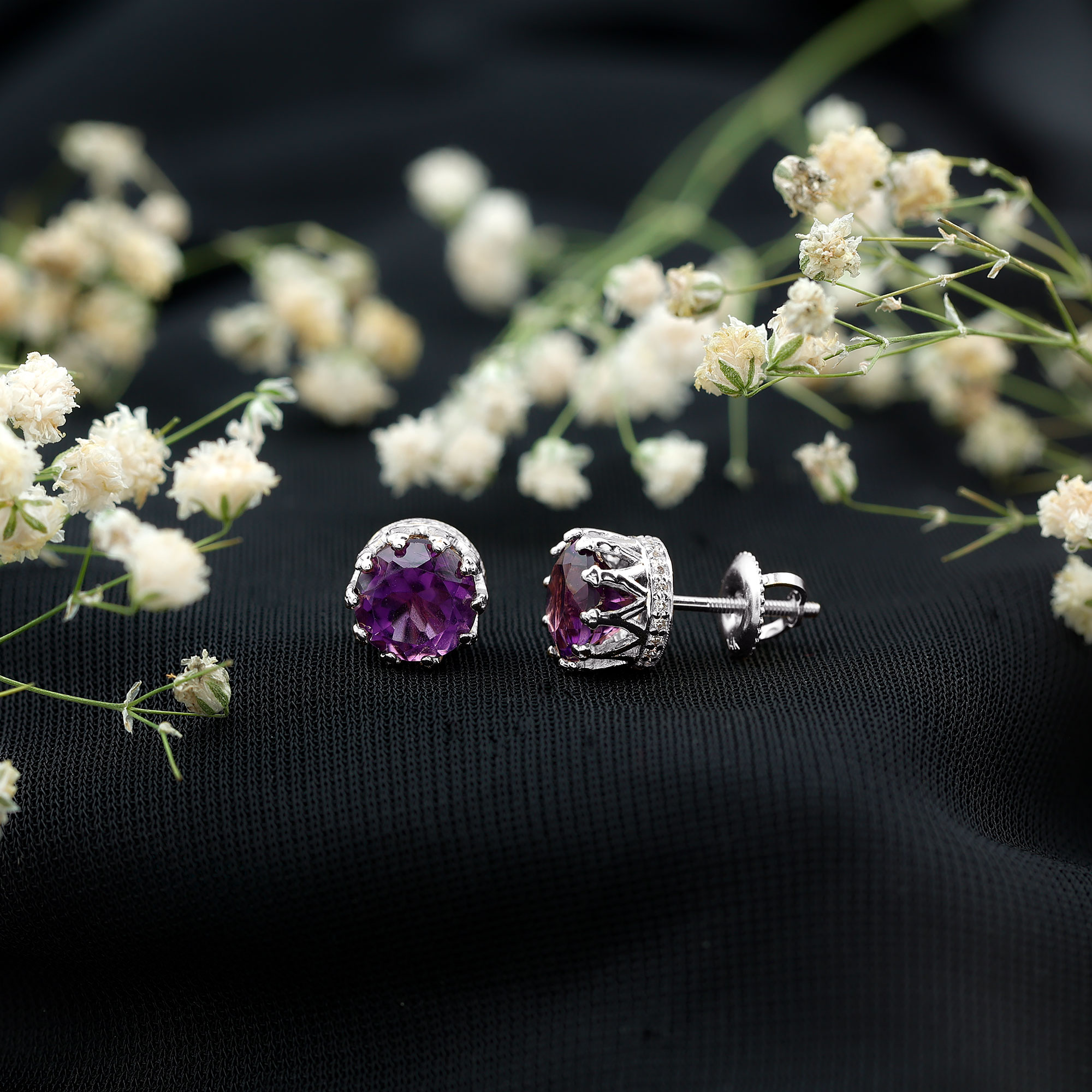 thumbnail video image 2 of Rosec Jewels Real Amethyst Solitaire Stud Earrings with Diamond - Crown Stud Earrings (7 mm), 925 Sterling Silver, 2 of 8