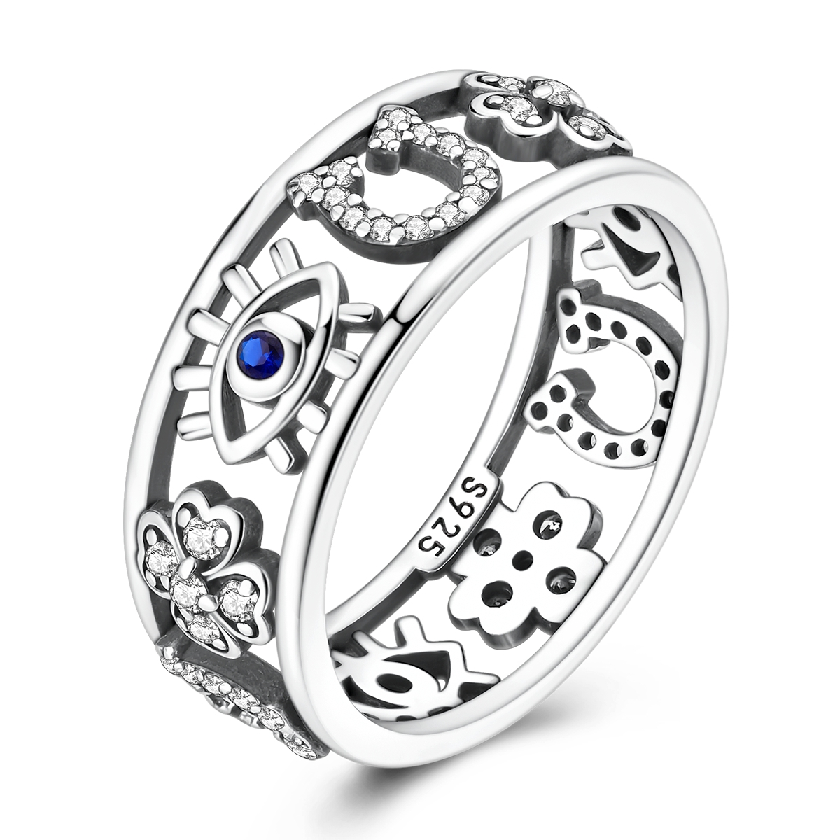 thumbnail video image 2 of MULA 925 Sterling Silver Clover Ring for Women, Hypoallergenic Sparkling Hollow Horseshoe & Evil Eye Birthday Valentine's Day Gifts for Her Size 6, 2 of 8