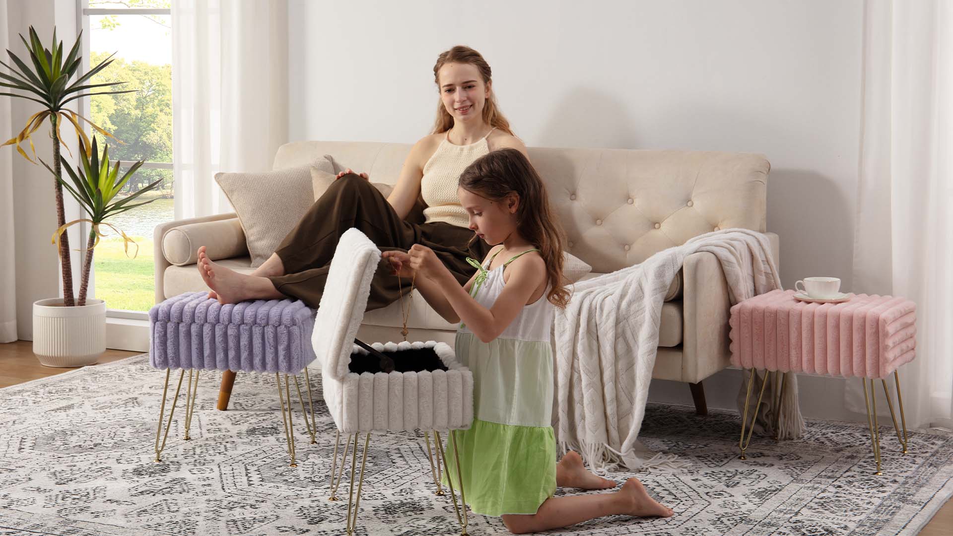 thumbnail video image 2 of Ebenchico Faux Fur Uphosltered Vanity Stool with Storage and Metal Legs, Black, 2 of 14