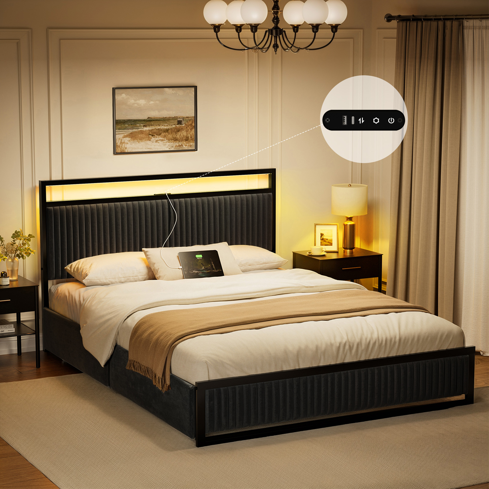 thumbnail video image 2 of GUNAITO King Bed Frame with Headboard, Platform Bed with 2 Drawers, Velvet Upholstered Bed Frame with LED Lights & Charging station，Black, 2 of 10
