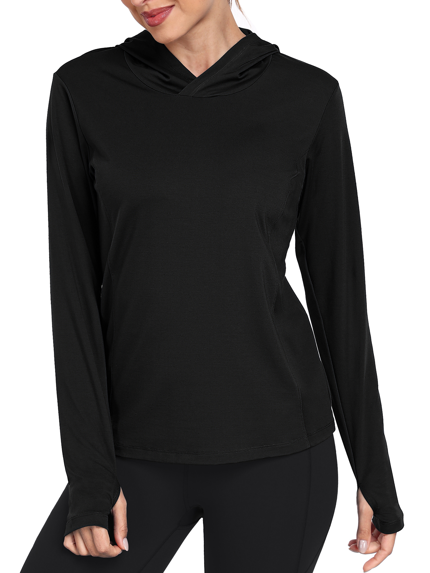 thumbnail video image 2 of Cadmus Women's Workout Long Sleeve shirts Sun Protection Dry Fit Athletic Running Tops Hooded with Thumb Hole,Black,Medium, 2 of 5