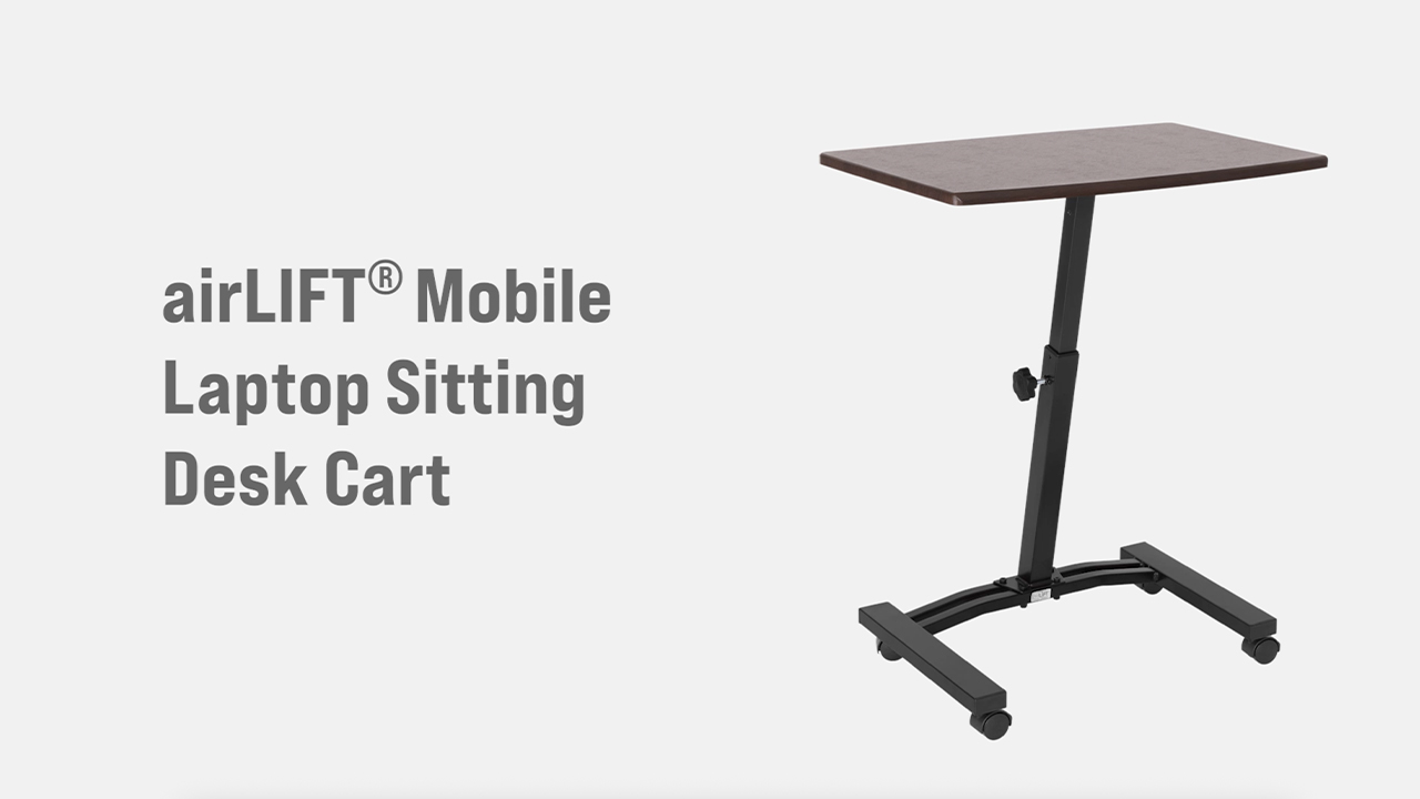 thumbnail video image 2 of Seville Classics airLIFT® Height Adjustable Mobile Rolling Laptop Cart Desk w/ Wheels, Walnut, Flat (24"), 2 of 11