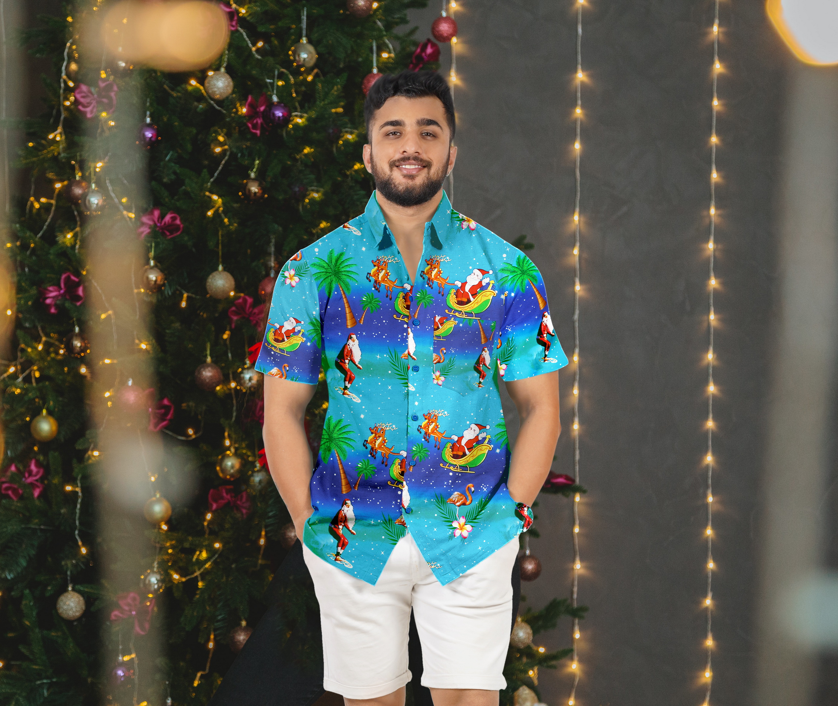 thumbnail video image 2 of HAPPY BAY Men's Beach Button Down Funky Santa Claus Party Dress Shirt Vacation Hawaiian Ugly Christmas Tree Gifts shirts for Men 3XL Santa Surf, Blue, 2 of 7