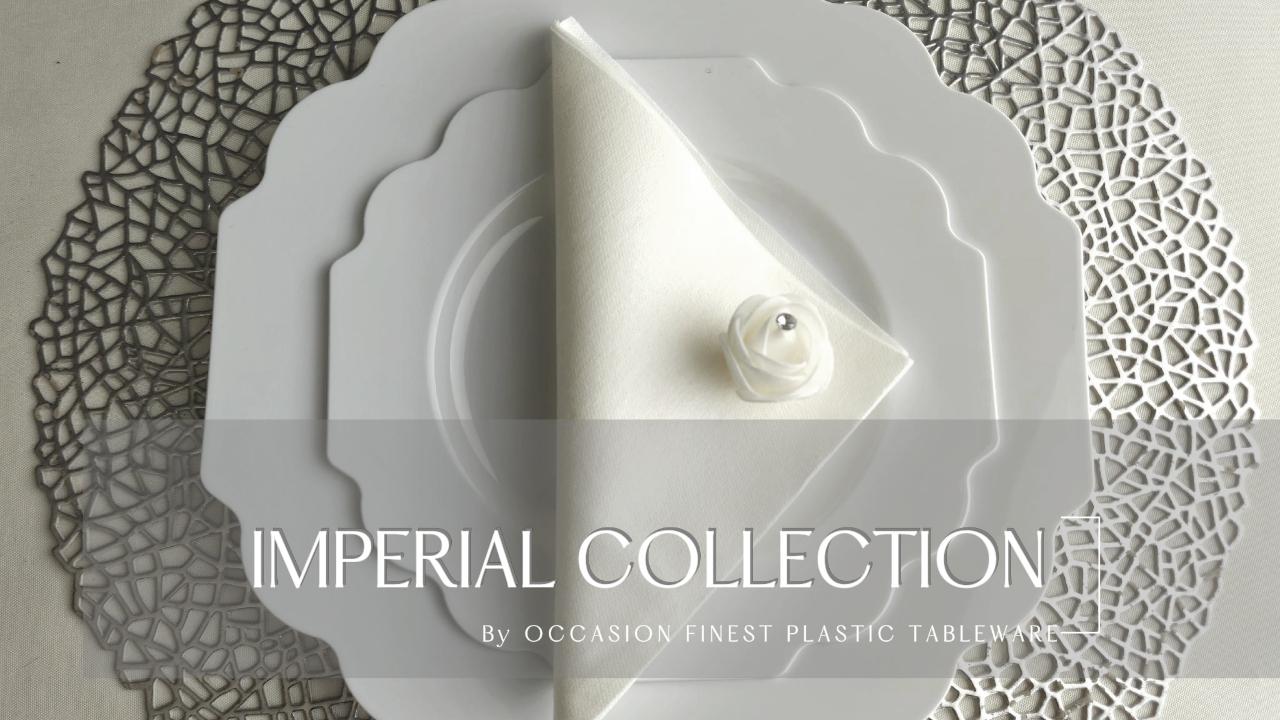 thumbnail video image 2 of " OCCASIONS " 150 Piece set (25 Guests)-Wedding Plastic Plates & cutlery -Disposable heavyweight Dinnerware 10.5'', 8'' + Silverware w/double fork (Imperial in White), 2 of 9