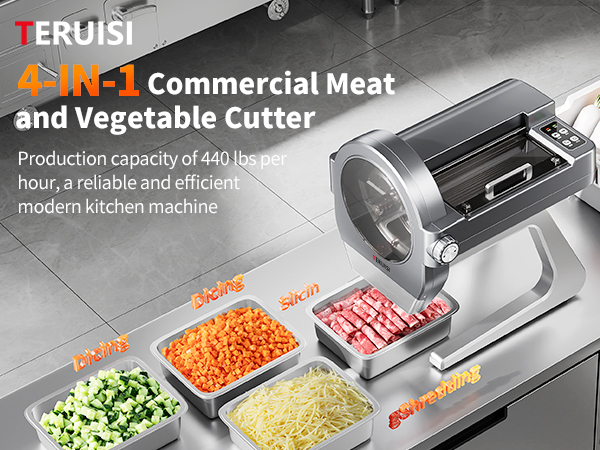 thumbnail video image 2 of TERUISI Commercial Vegetable Chopper, 300W Automatic Food Cutter Machine with Stainless Steel Blades for Slicing, Shredding & Dicing, Restaurant Kitchen Use, 2 of 9