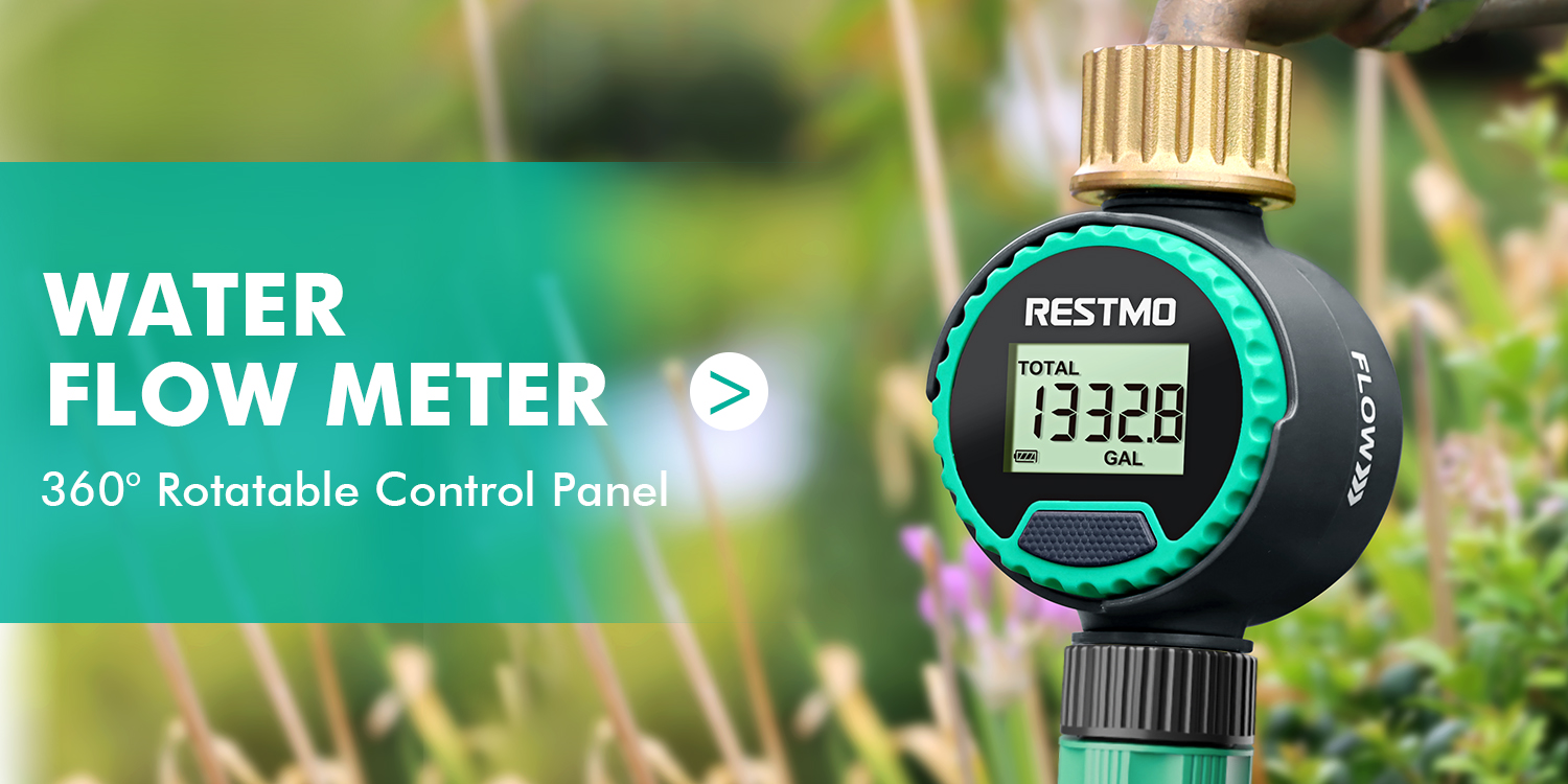 thumbnail video image 2 of Restmo Water Flow Meter, LCD Display, Measures Gallon & Liter, Garden Hose, RV Tank & Lawn Sprinkler Compatible, 2 of 9