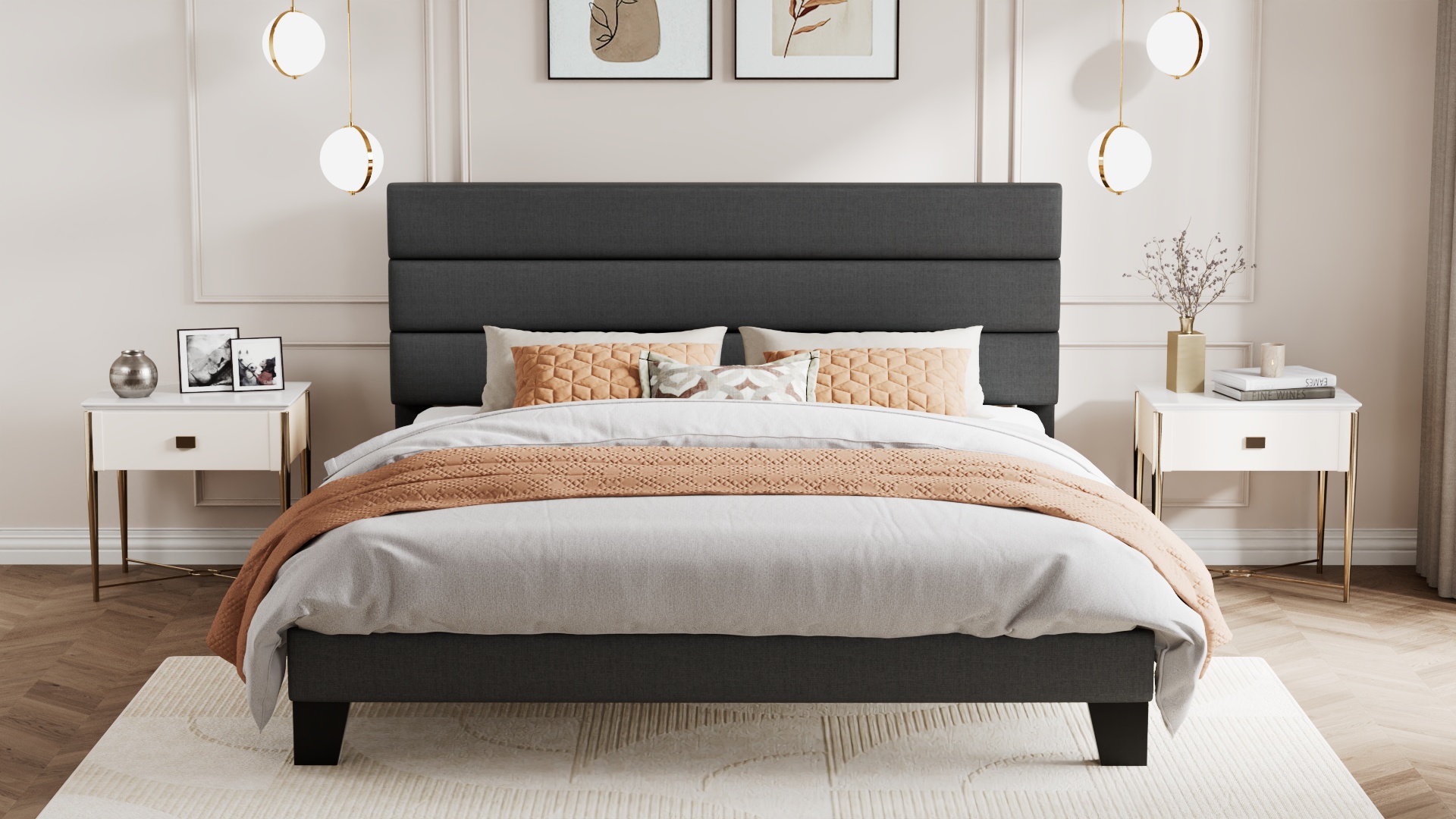 thumbnail video image 2 of Amolife King Bed Frame, Platform Bed Frame with Fabric Upholstered Headboard, Dark Grey, 2 of 9