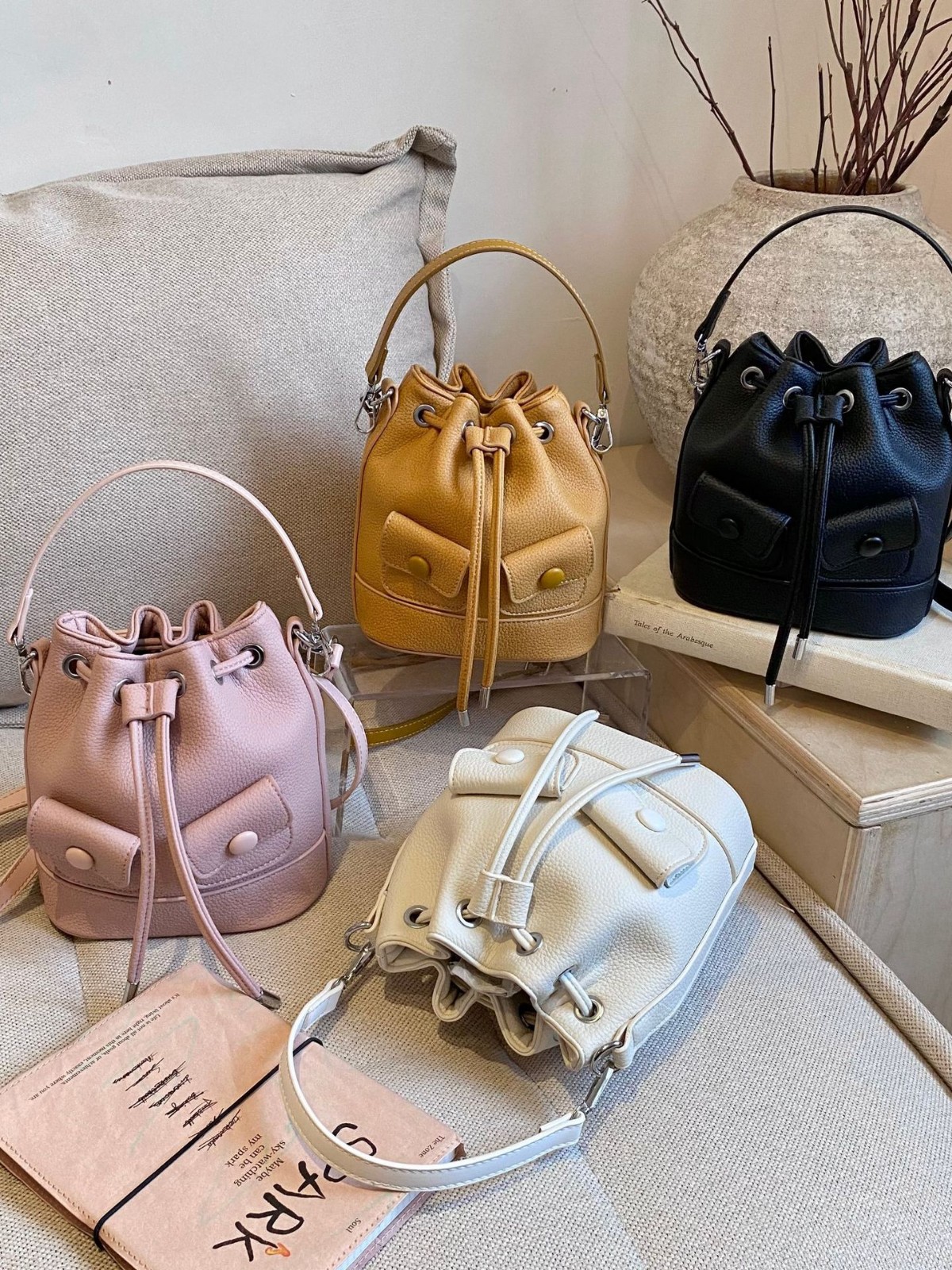 thumbnail video image 2 of Sunyuer Mini Drawstring Bucket Bag for Women, Vintage PU Leather Crossbody Purse, Fashion Small Handbag with Detachable Strap, Casual Shoulder Bag for Daily Shopping Travel, 2 of 8