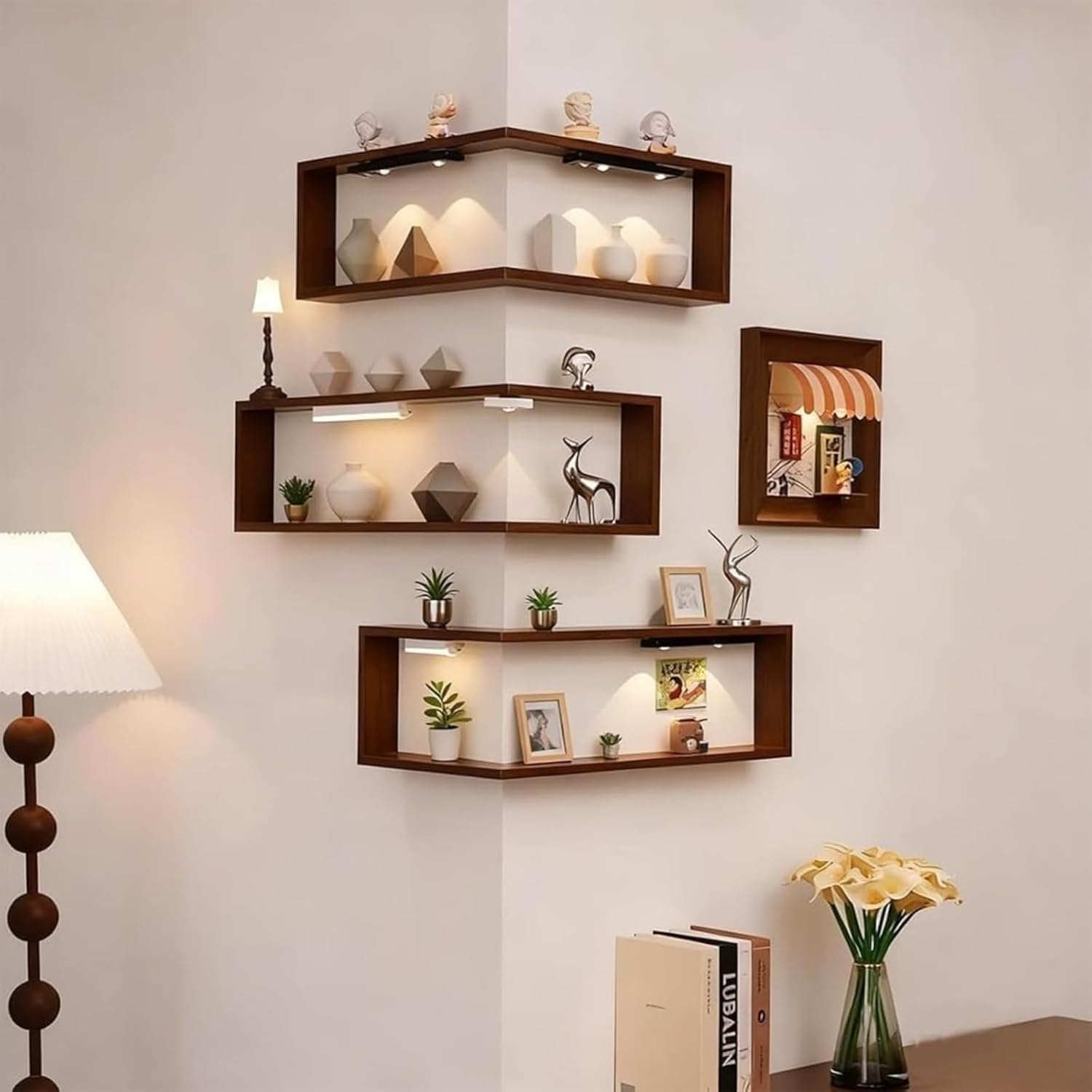 thumbnail video image 2 of Space-Saving Corner Shelves, Floating Shelves Unit, Two-Tier Storage, Modern Design, Wall Mounted Storage, for Living Room, Bedroom, Office, Easy Installation [Only 1pc], 2 of 10