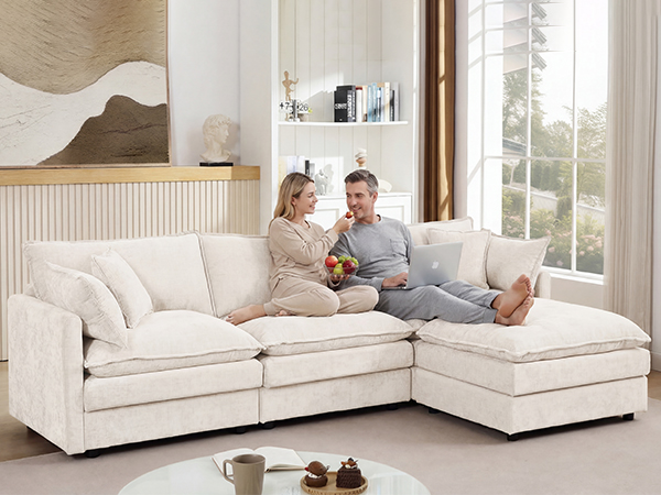 thumbnail video image 2 of QuzyAor 102" Chenille Modular Sectional Sofa, L Shaped Cloud Couch with Movable Ottoman, DIY Comfy Couch for Living Room, Brown, 2 of 9