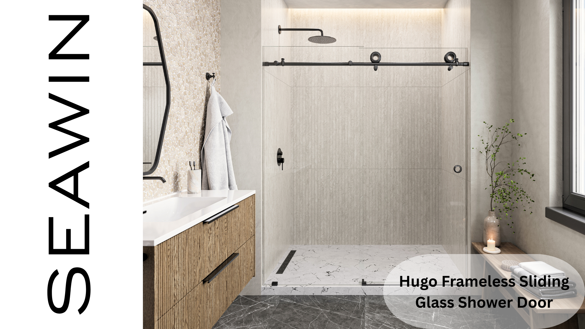 thumbnail video image 2 of Seawin Hugo 56 - 60 x 78 inches Frameless Sliding Shower Door 3/8 in. (10 mm) Clear Tempered Glass with NanoShield Coating Matte Black, 2 of 10