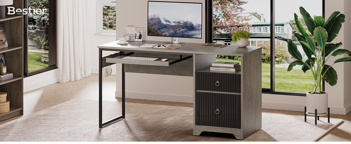 thumbnail video image 2 of Bestier 55 Inch Office Desk with Drawers, Keyboard Tray, 2 Hooks, Modern Fluted Computer Desk for Home, Grey, 2 of 10