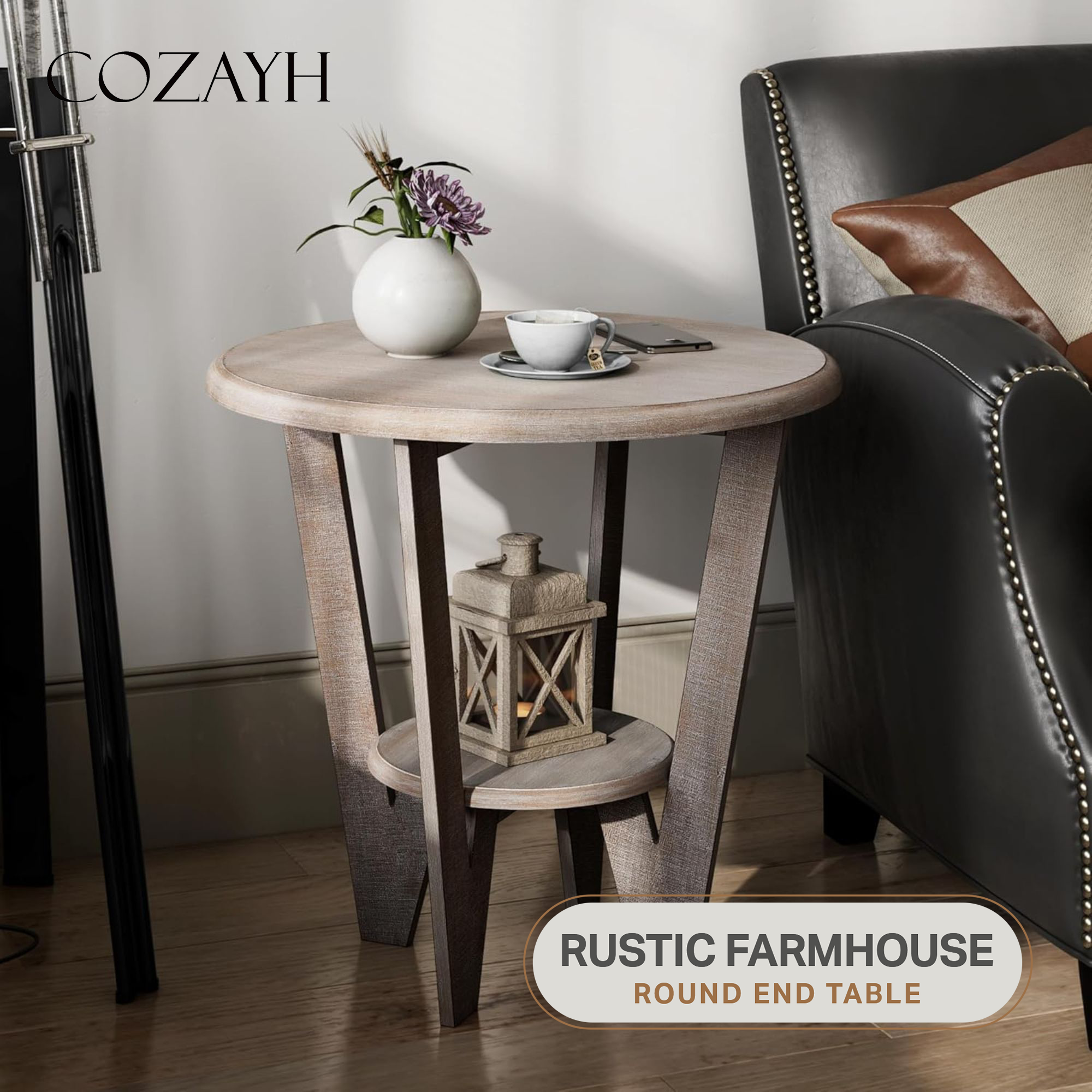 thumbnail video image 2 of COZAYH Rustic Farmhouse End Table with Storage Shelf, French Country Accent Side Table for Family, Dinning or Living Room, Small Spaces, Modern, Round, Vintage Grey Finish, 2 of 7