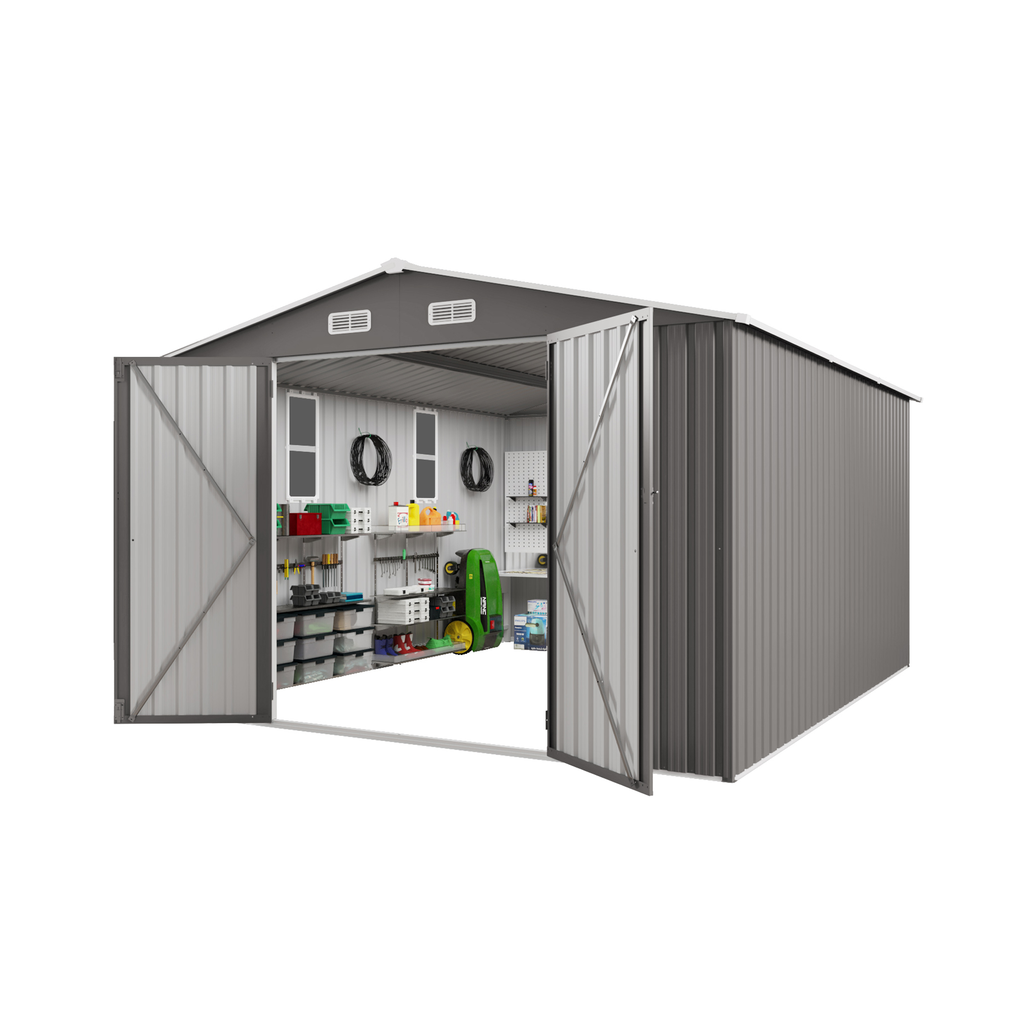 thumbnail video image 2 of 10x12 FT Outdoor Metal Storage Shed with Double Doors & Two Windows, Large Waterproof Garden Shed for Lawn Mowers, Bike, Pool Equipment, Patio Furniture, Trash Bins, Backyard, Grey, 2 of 17