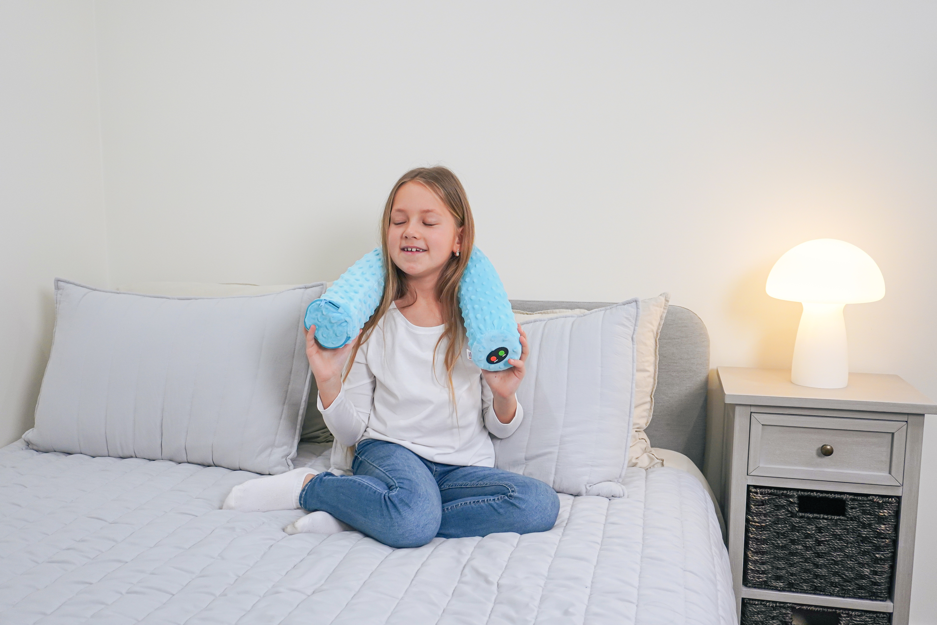 thumbnail video image 2 of Special Supplies Sensory Vibrating Neck Pillow for Kids and Adults Plush Velvet Soft Cover with Textured Therapy Stimulation, Mind and Body Calming Relaxation - Blue, 2 of 10