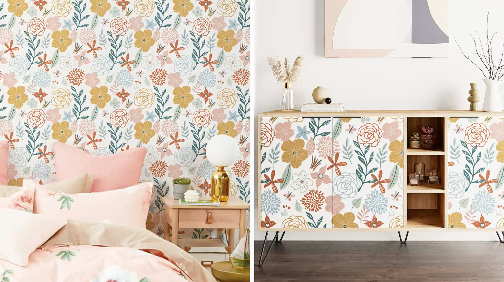 thumbnail video image 2 of Caltero Floral Peel and Stick Wallpaper 17.71”×118”Boho Floral Wallpaper Pink Floral Contact Paper Self Adhesive Removable Wallpaper for Bathroom Cabinet Decor, 2 of 10