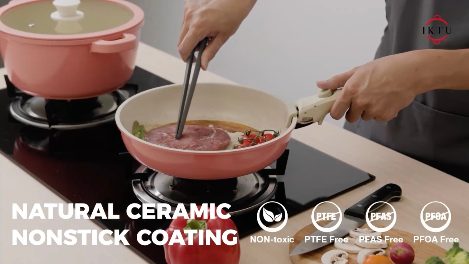 thumbnail video image 2 of 5Pcs  Nonstick Aluminum Ceramic Cookware Set, Induction Kitchen Pots and Pans Set with Removable Handle, Pink, 2 of 6