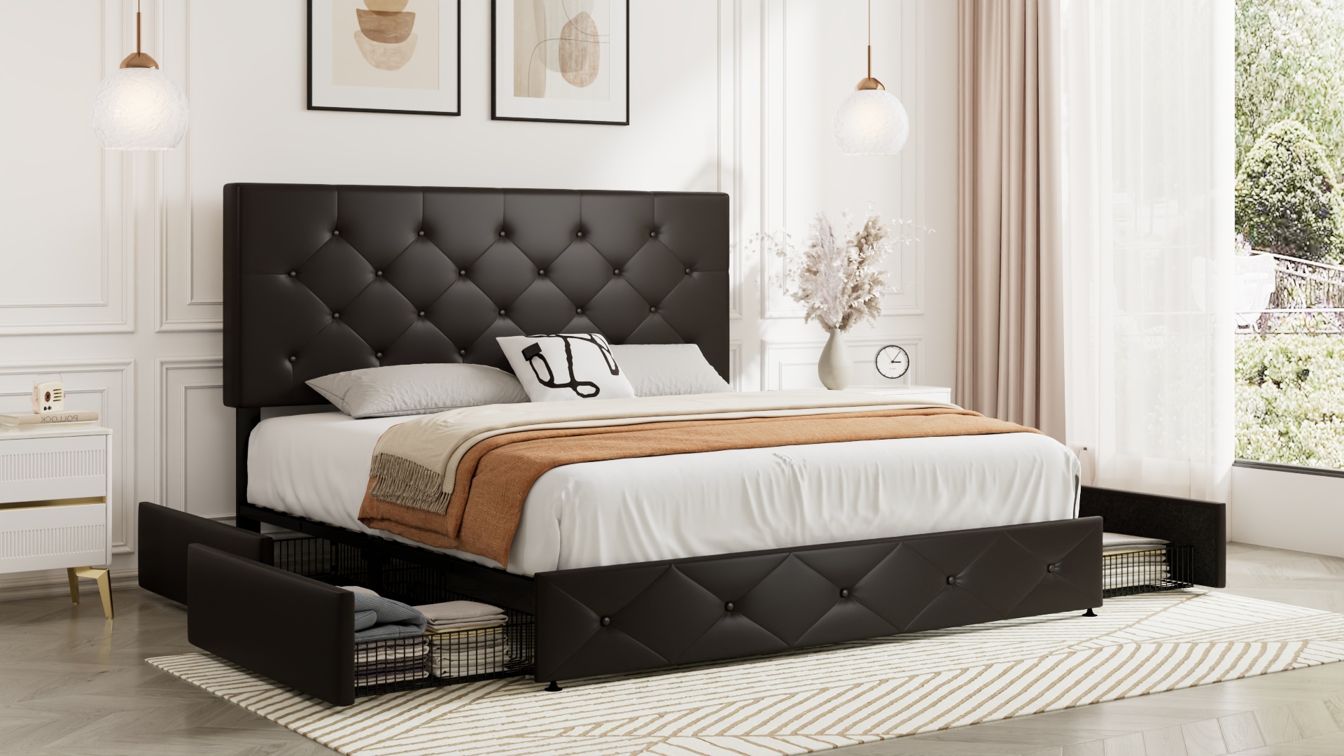 thumbnail video image 2 of Sifurni Queen Size Upholstered Platform Bed Frame with 4 Drawers and Diamond Stitched Button Tufted Headboard, Black-brown, 2 of 8