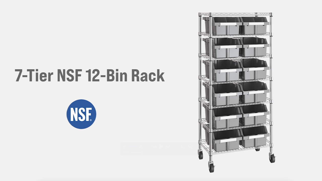 thumbnail video image 2 of Seville Classics 7-Tier NSF 12-Bin Rack, 24" W x 14.25" D x 56" H, Gray, 2 of 15