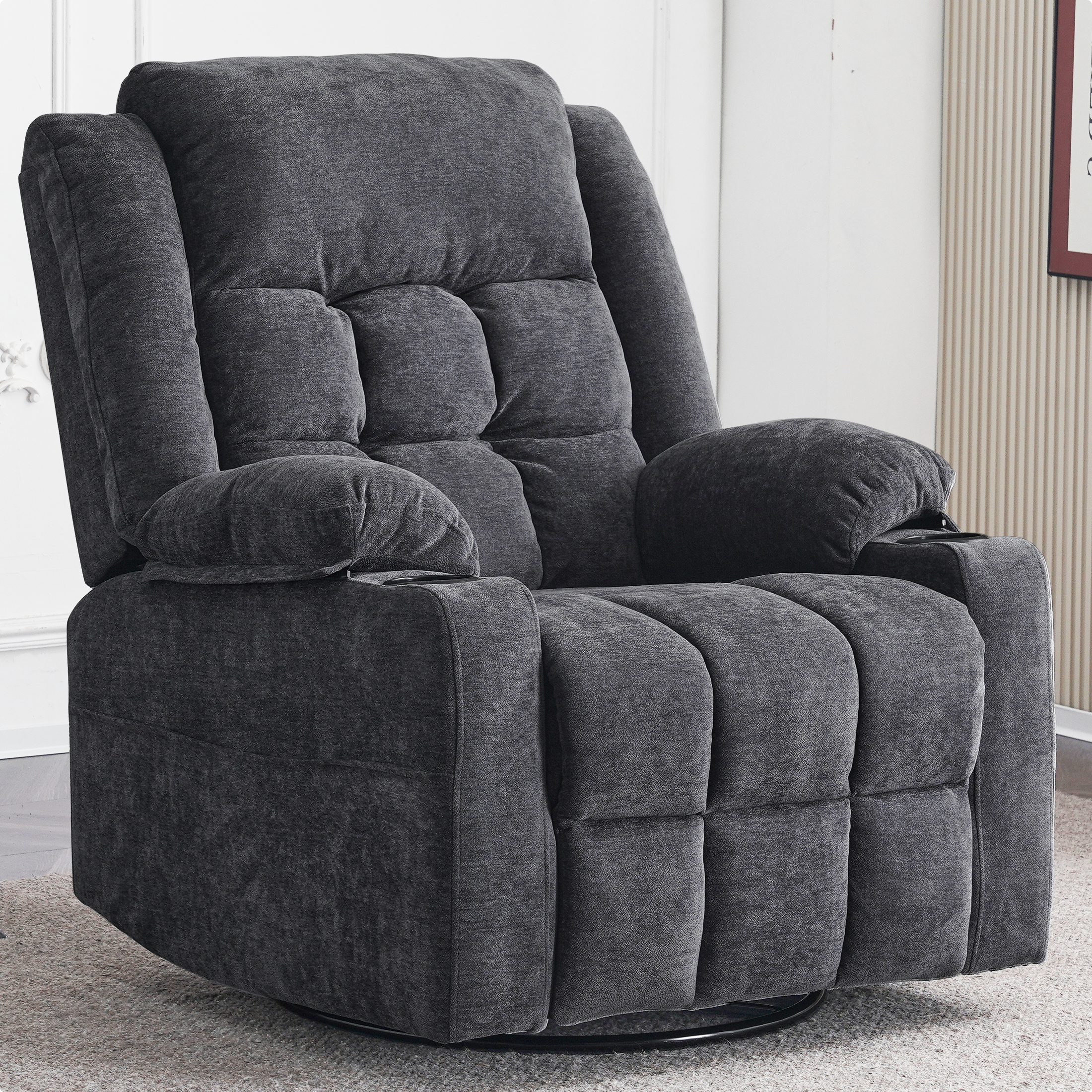 thumbnail video image 2 of Sfxingyou Power Swivel Rocker Recliner Chair, Rocking, Adult, Fabric, Solid Print, Home Theater, Heated and USB/Type-C, Dark Grey, 2 of 8