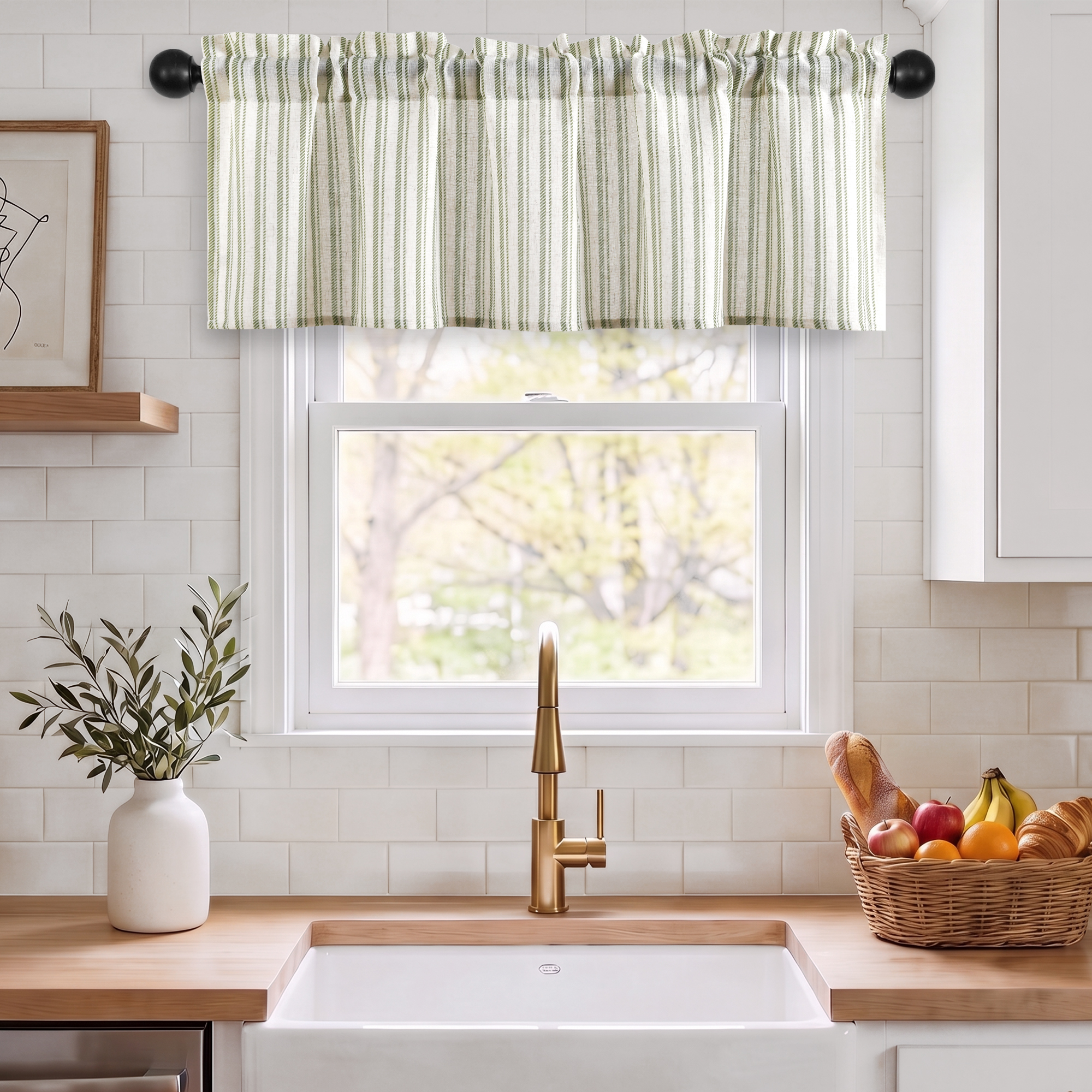 thumbnail video image 2 of Hiasan 52 x 18 Inch Kitchen Valance, Linen Striped Valance for Kitchen Bedroom, Rod Pocket French Cottage Farmhouse Light Filtering Window Valance Curtain, Vertical Striped Blue, 1 Panel, 2 of 9