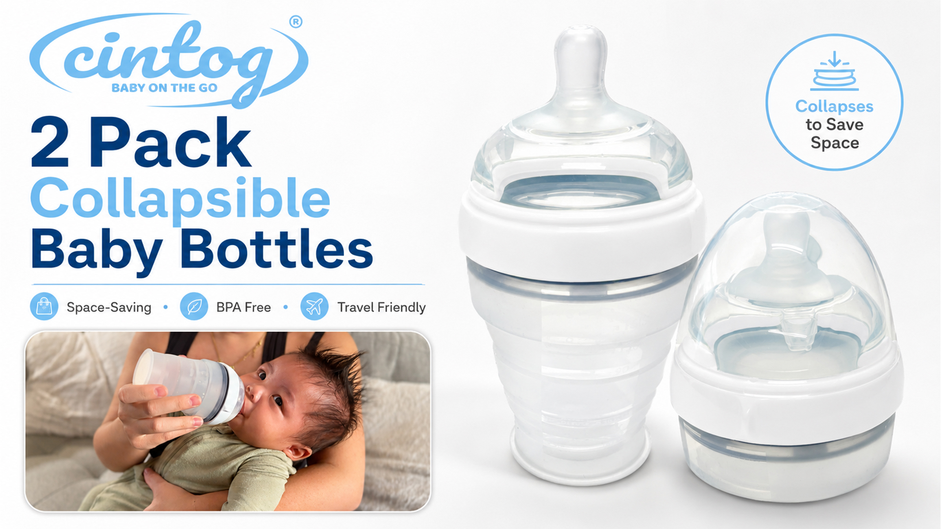 thumbnail video image 2 of Cintog Collapsible Anti-Colic Baby Bottle Bundle, Newborn, Silicone, 2 Pack, 6 fl oz, 2 of 7