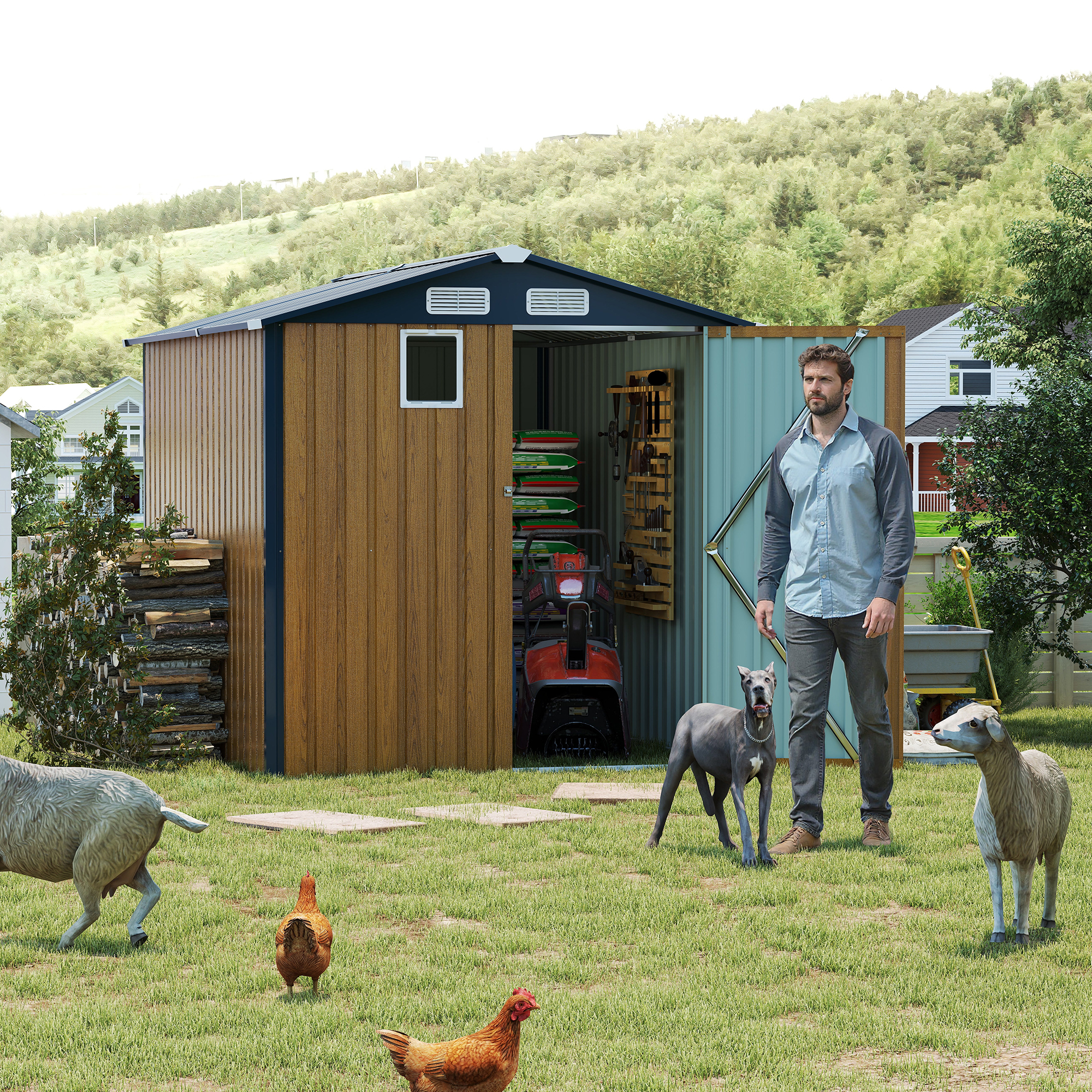 thumbnail video image 2 of 6x8 FT Outdoor Storage Shed - Compact Steel Tool Shed with Lockable Doors, 4 Louver Vents & Window, All-Weather Metal Garden Shed for Bike, Lawn Tool Storage (Yellow), 2 of 27