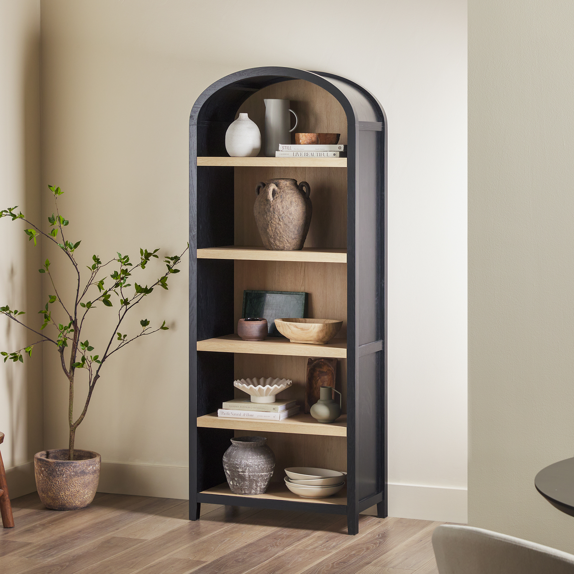 thumbnail video image 2 of Walker Edison Modern 5 Shelf Open Arched Bookshelf, Black, 2 of 17