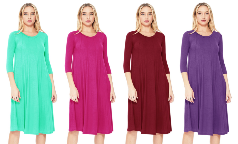 thumbnail video image 2 of Moa Collection Women's Basic Round Neck 3/4 Sleeves A-line Casual Maxi Dress, 2 of 5