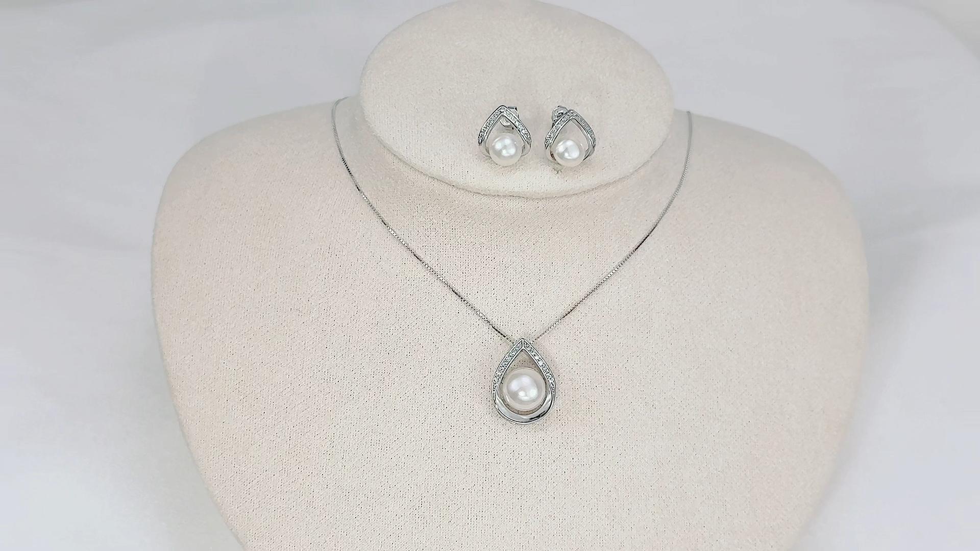 thumbnail video image 2 of Bamiki White Pearl Necklace and Earrings Set | 925 Sterling Silver Jewelry Set with Pendant and earrings Valentine's Day Gift, 2 of 9