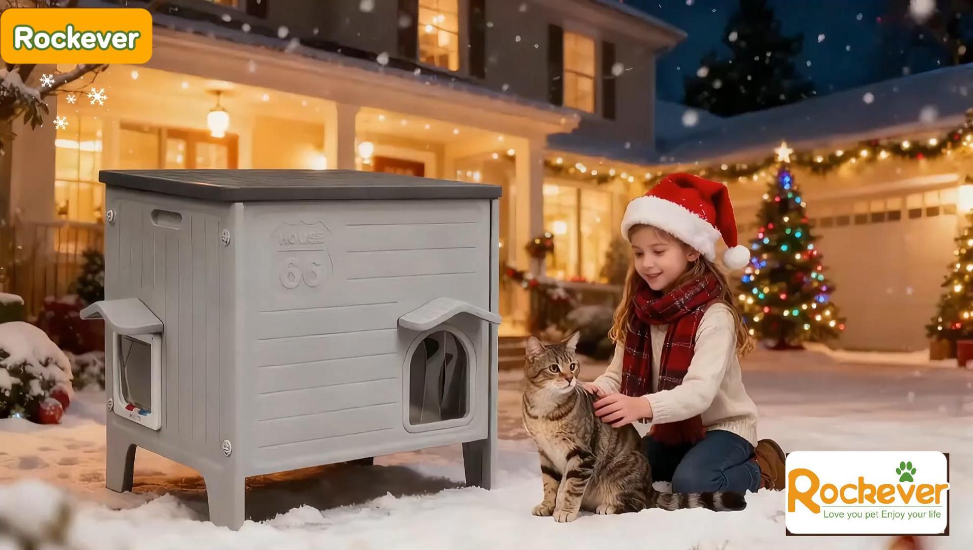thumbnail video image 2 of 100% Insulated Outdoor Cat House with Insulated Liner for Winter, Waterproof Feral Cat House for Outdoor Cats, Plastic Cat House for Outdoor Use with Escape Door, Clean Easily, 2 of 8