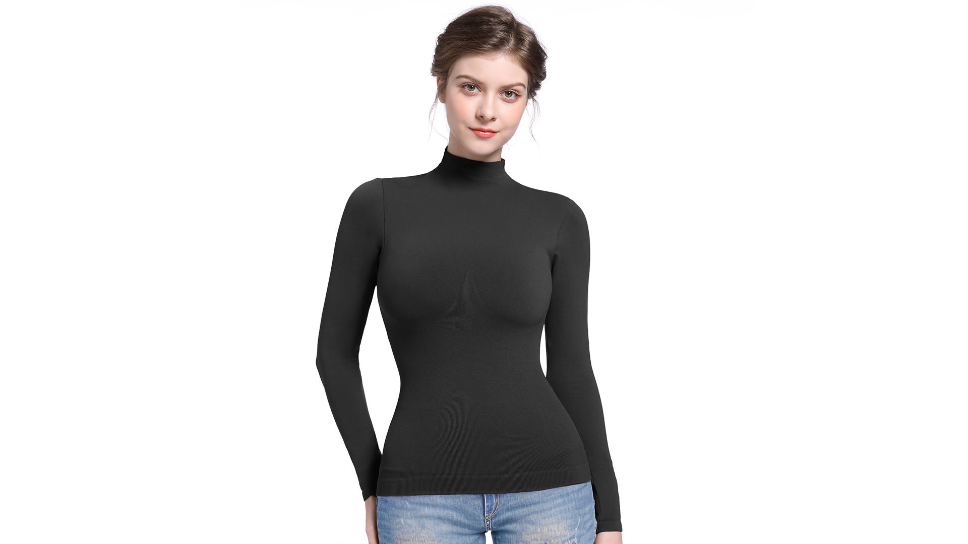 thumbnail video image 2 of SHAPERX Women's Long Sleeve T-Shirt Mock Neck Slim Fit Tops Basic Tee, 2 of 7