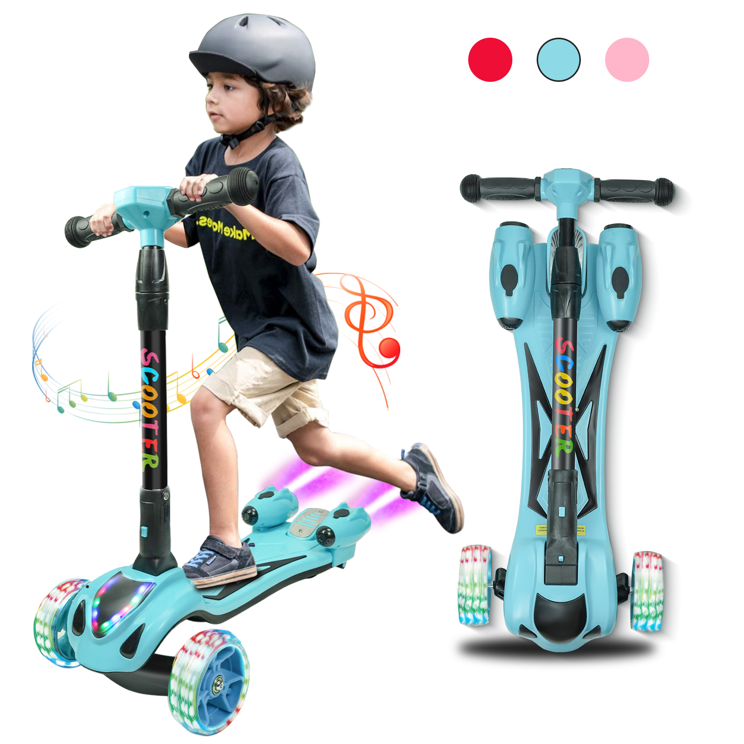 thumbnail video image 2 of 3 Wheel Scooter Kick Scooter for kids with Bluetooth Music Rocket Steam Sprayer Adjustable Height Light Up for Boys Girls Ages 3-10, 2 of 11