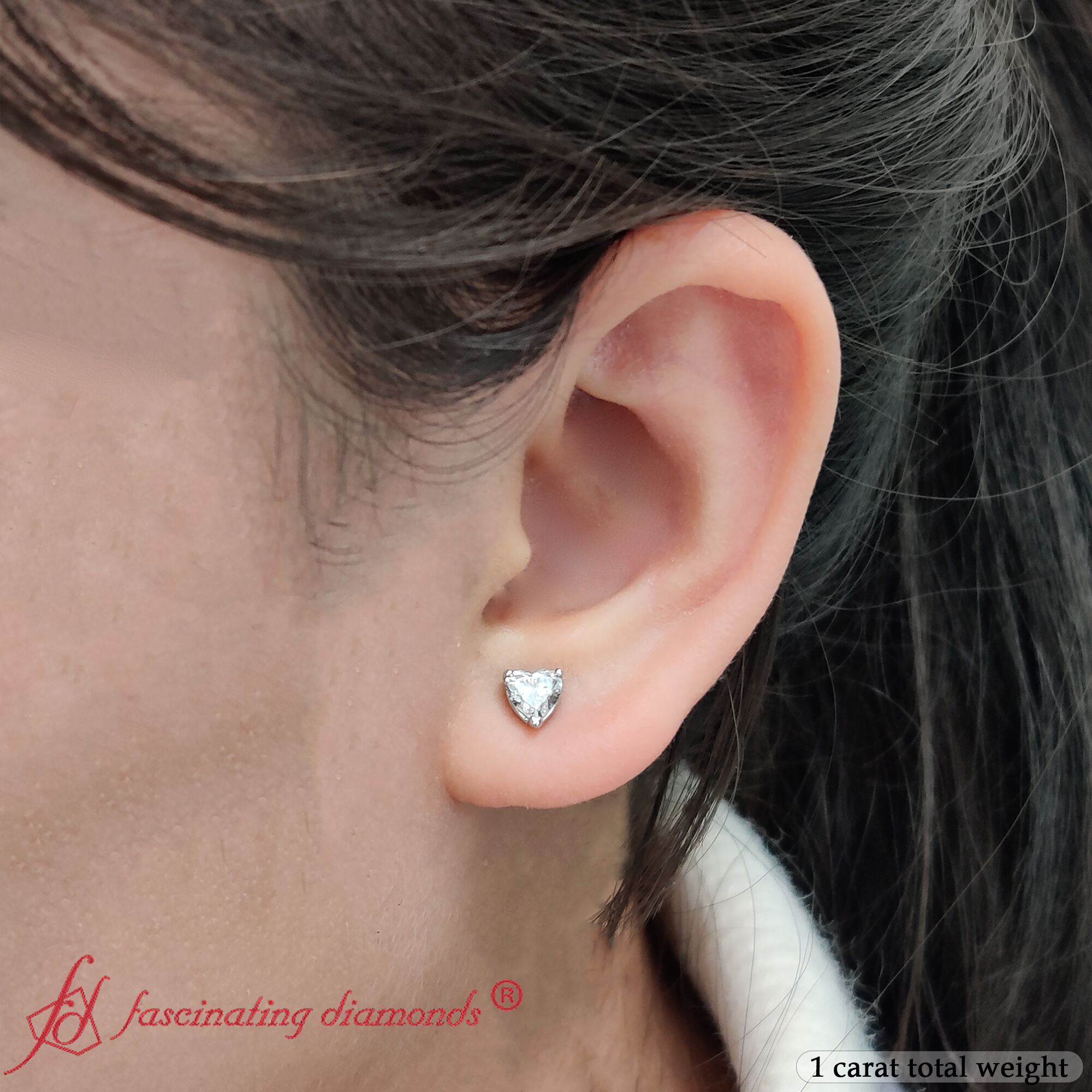 thumbnail video image 2 of Heart Shaped 3 Prong Basket Stud Earring One Carat - Fascinating Diamonds, 2 of 8