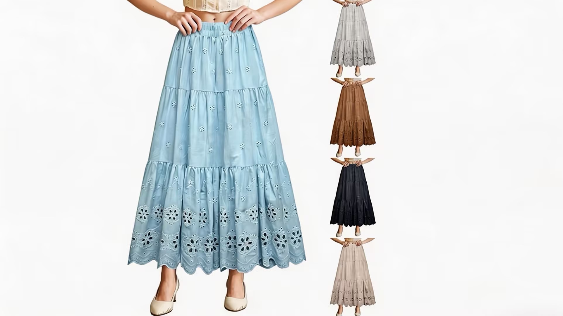 thumbnail video image 2 of PBFRDSJ Boho Maxi Skirt for Women Eyelet Embroidery Elastic High Waist A-Line Summer Casual Beach Long Skirt Ruffle Tiered Skater, 2 of 6