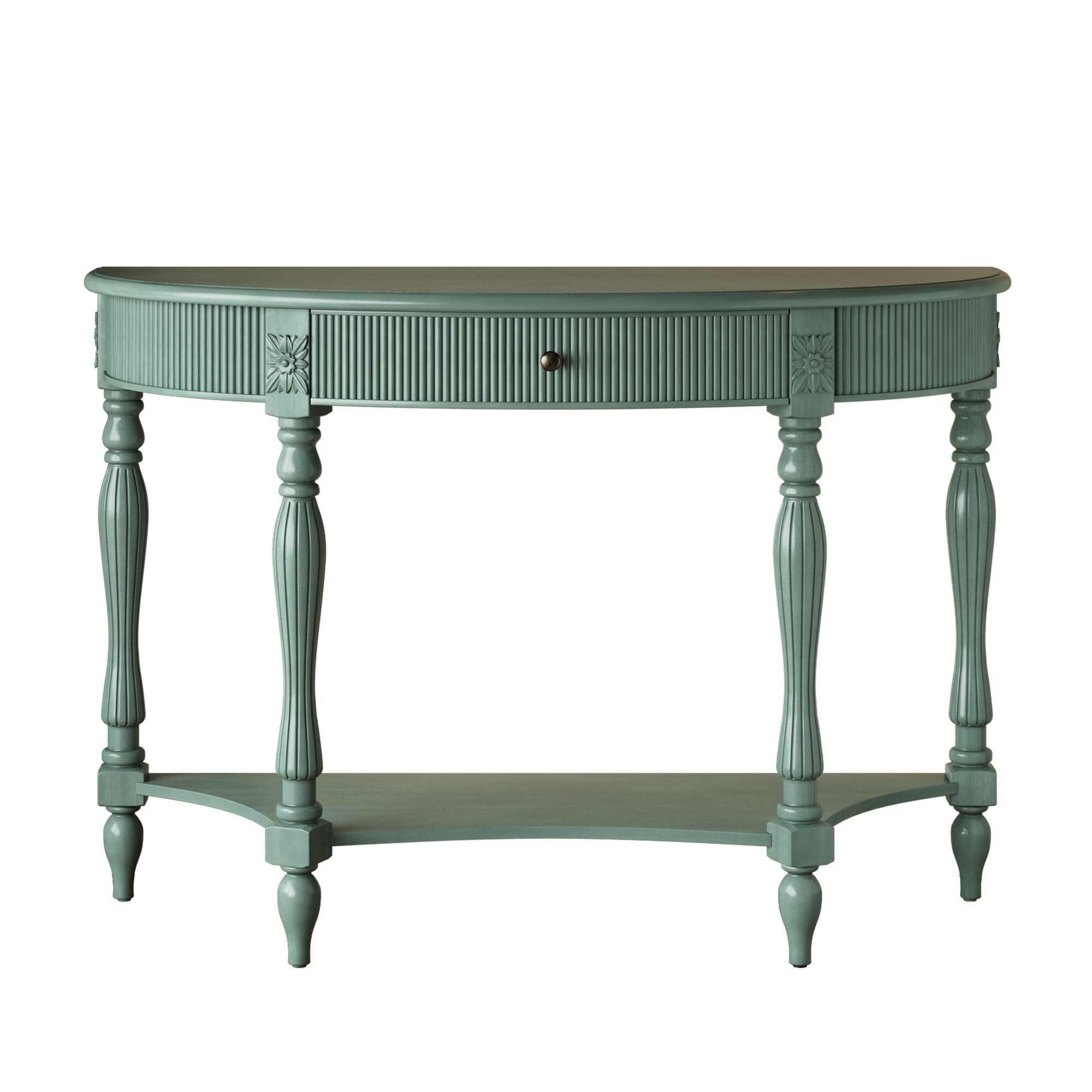 thumbnail video image 2 of Atumcto Half Moon Console Table with Drawer and Shelf, Fluted Entryway Sofa Table with Roman Column Legs for Hallway and Living Room, Rustic Green, 2 of 9