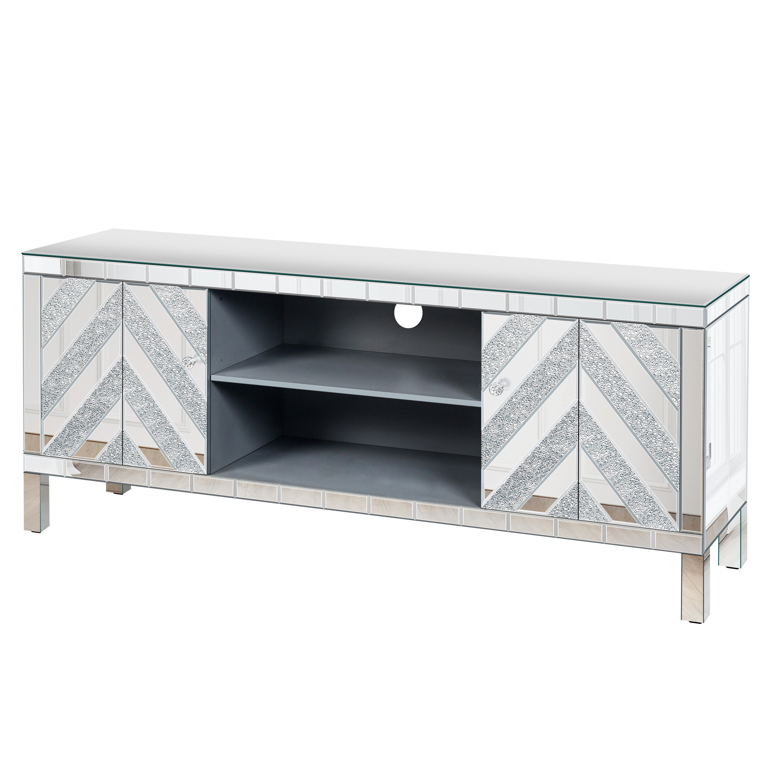thumbnail video image 2 of Atumcto Mirrored TV Stand for 65in TV, Silver Console with Storage Cabinets and Shelves, Modern Glam Entertainment Center for Living Room, 2 of 9