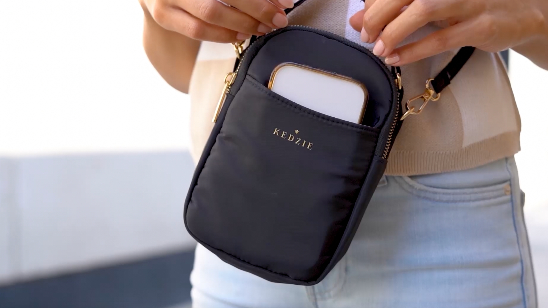 thumbnail video image 3 of Kedzie Crosstown Small Crossbody Bag Cell Phone Purse, Navy (Women's), 3 of 8