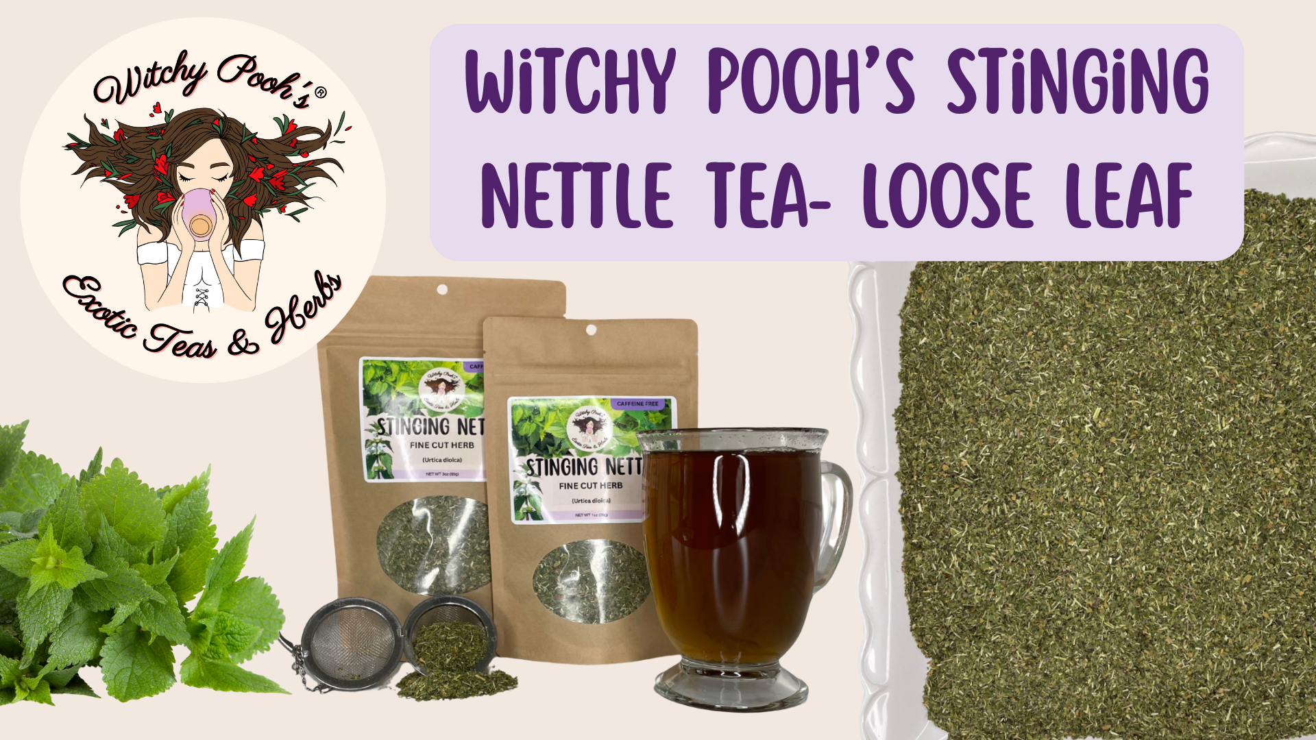 thumbnail video image 2 of Witchy Pooh's Stinging Nettle Tea - Loose Leaf, Fine Cut, Caffiene Free, 1oz Pouch, 2 of 6