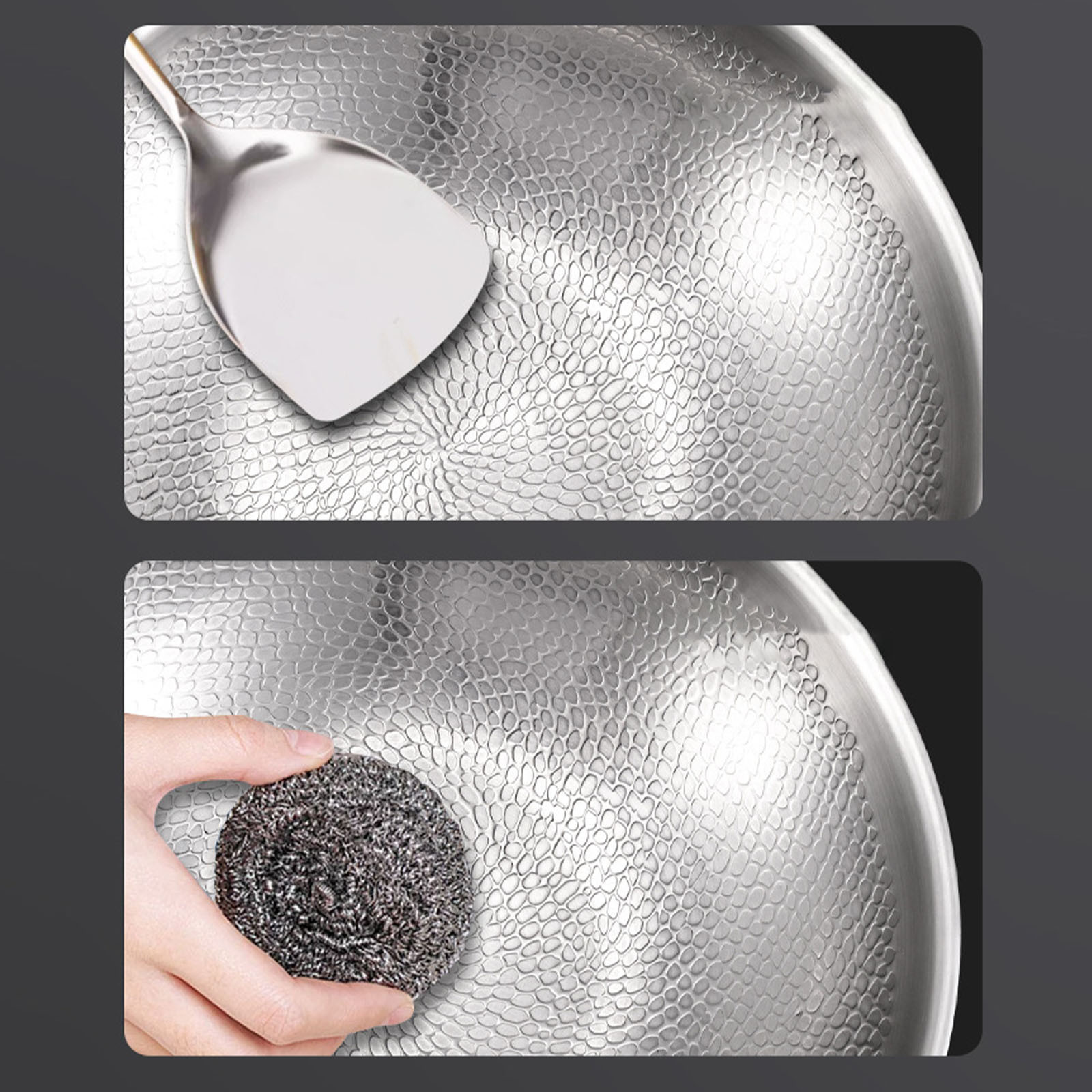 thumbnail video image 2 of 1Pcs 11.81 in Outer Diameter Hammered Titanium Non-Coating Wok with Lid, Household Induction Compatible, 2 of 4