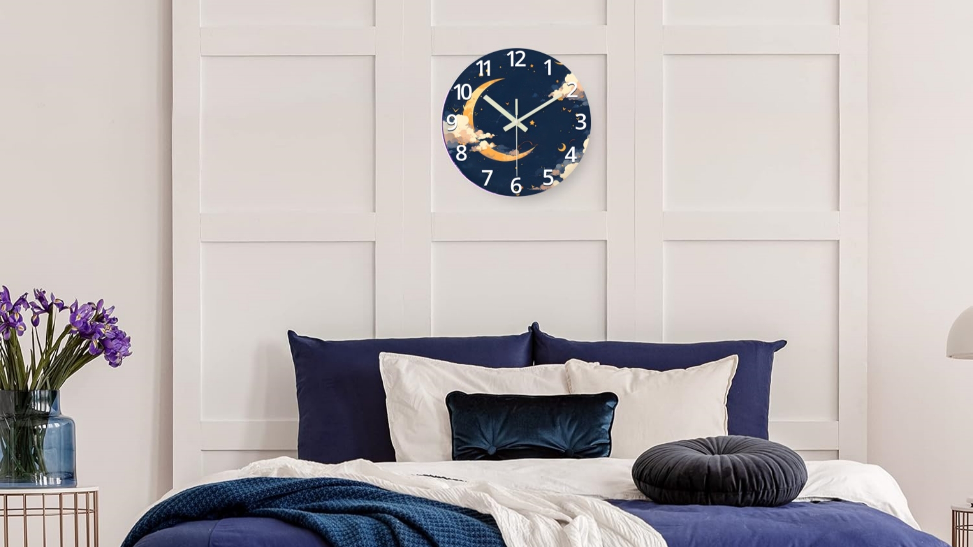 thumbnail video image 2 of Glow in the Dark Wall Clock 16-Inch Blue Slient Wall Clocks Battery Operated Moon Clock for Living Room Classroom, 2 of 8