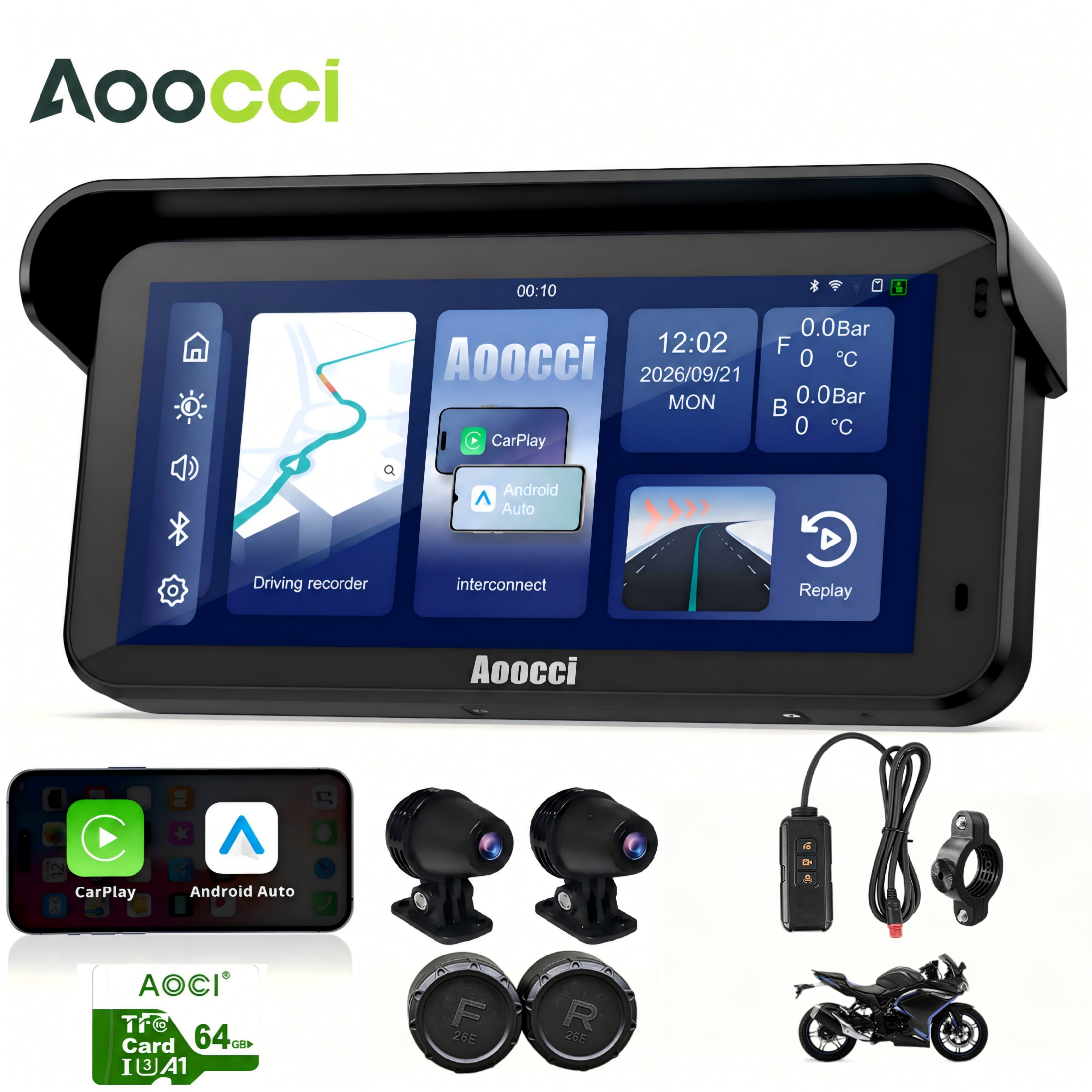 thumbnail video image 2 of Aoocci C6 Pro 6.25" Dual 1080P Motorcycle Dash Cam, GPS Navigation Screen, Wireless CarPlay & Android Auto, Tire Pressure Monitor Sensor TPMS, IP67, 2 of 13