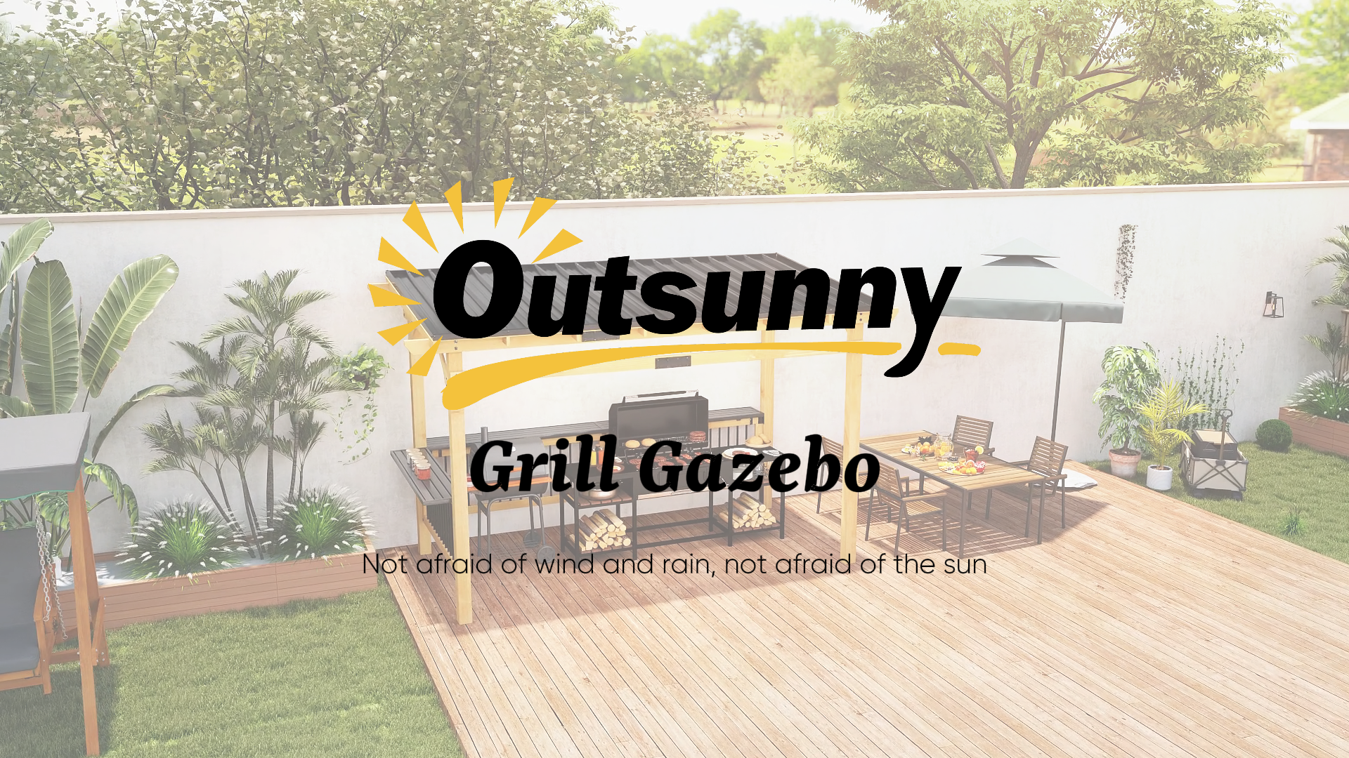 thumbnail video image 2 of Outsunny 13' x 6' Wooden Grill Gazebo, Hardtop Outdoor BBQ Gazebo with with Metal Roof, 2 Bar Shelves and 6 Hooks for Patio, Deck, Yard, Natural, 2 of 10