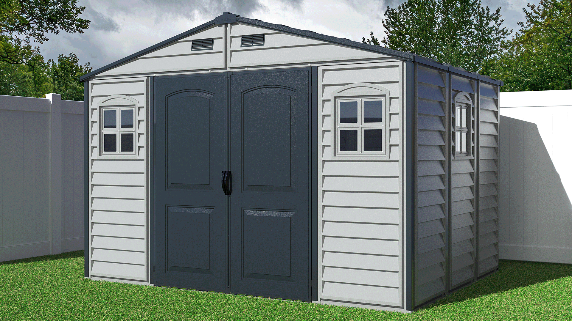 thumbnail video image 2 of Duramax Woodside Plus 10.5 x 8 Plastic Vinyl Resin Outdoor Storage Shed With Foundation Kit, 2 of 17