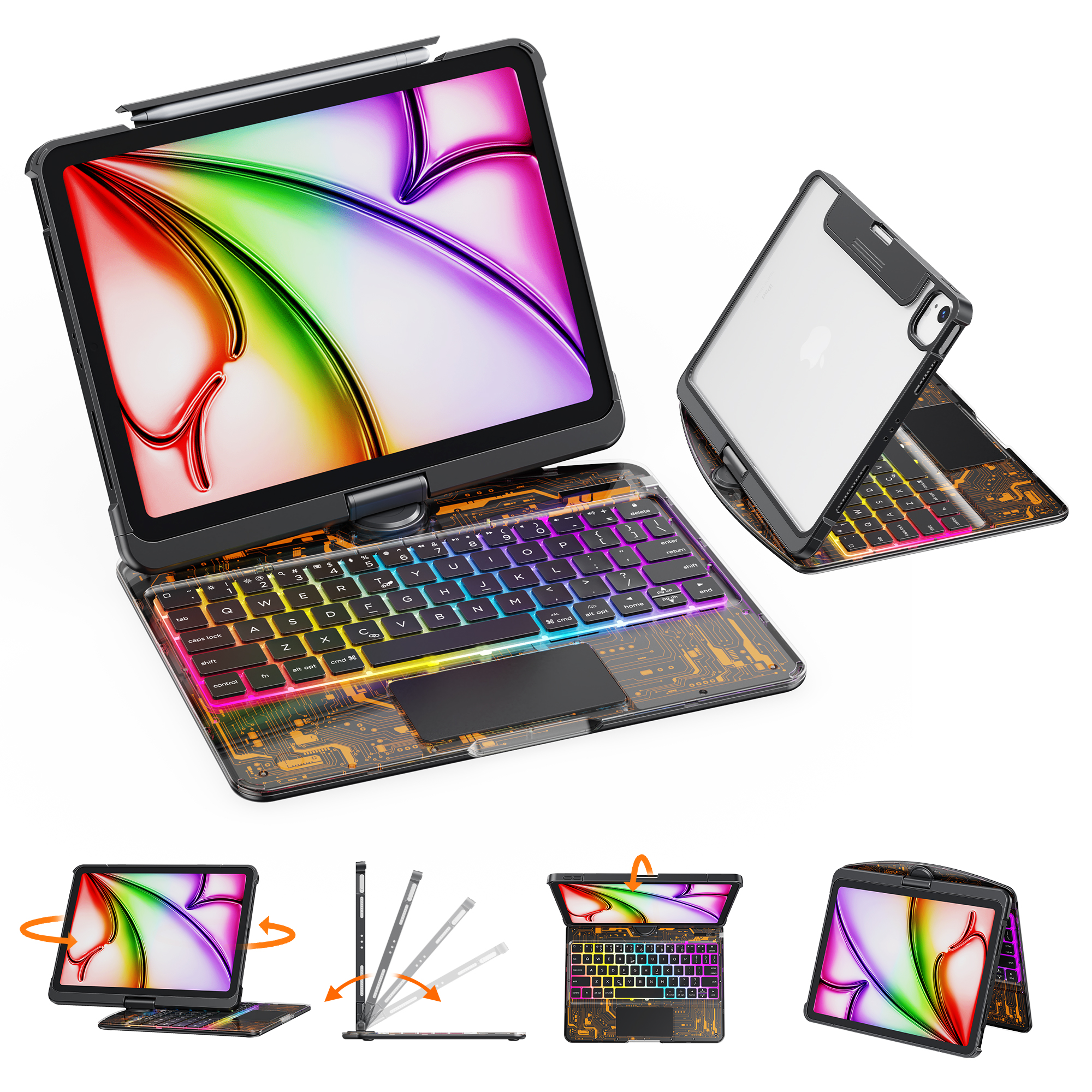 thumbnail video image 2 of GUSGU Transparent Case with Wireless Keyboard for iPad Air 13-in.(M3/M2, 2025/2024), 7 Colors Backlight, Trackpad, 360°Rotating Stand for iPad Pro 12.9-in (6/5/4/3 Gen), Tech Style, 2 of 9