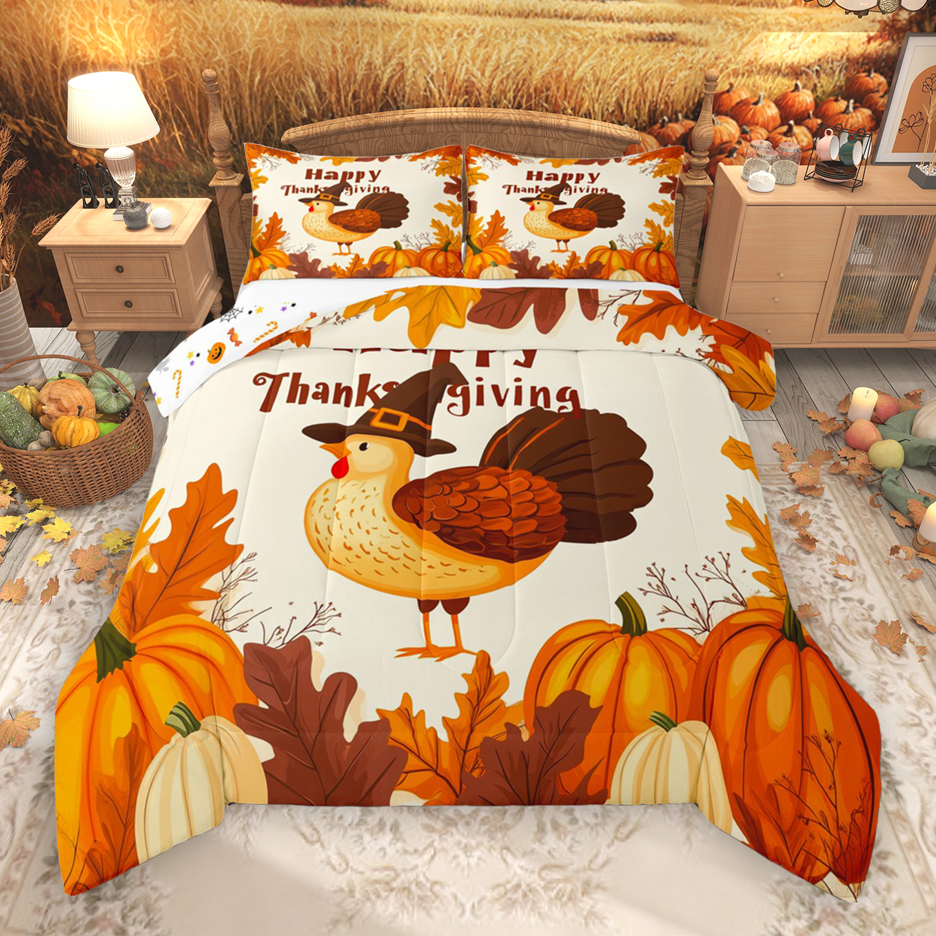 thumbnail video image 2 of Manfei Rustic Farmhouse Turkey Full Size Comforter Sets,Western Thanksgiving Day Bedding Comforter Set,Autumn Fall Pumpkin Maples Bedding Sets For Adults,Ultra Soft Home Decor Reversible,3-Piece, 2 of 9