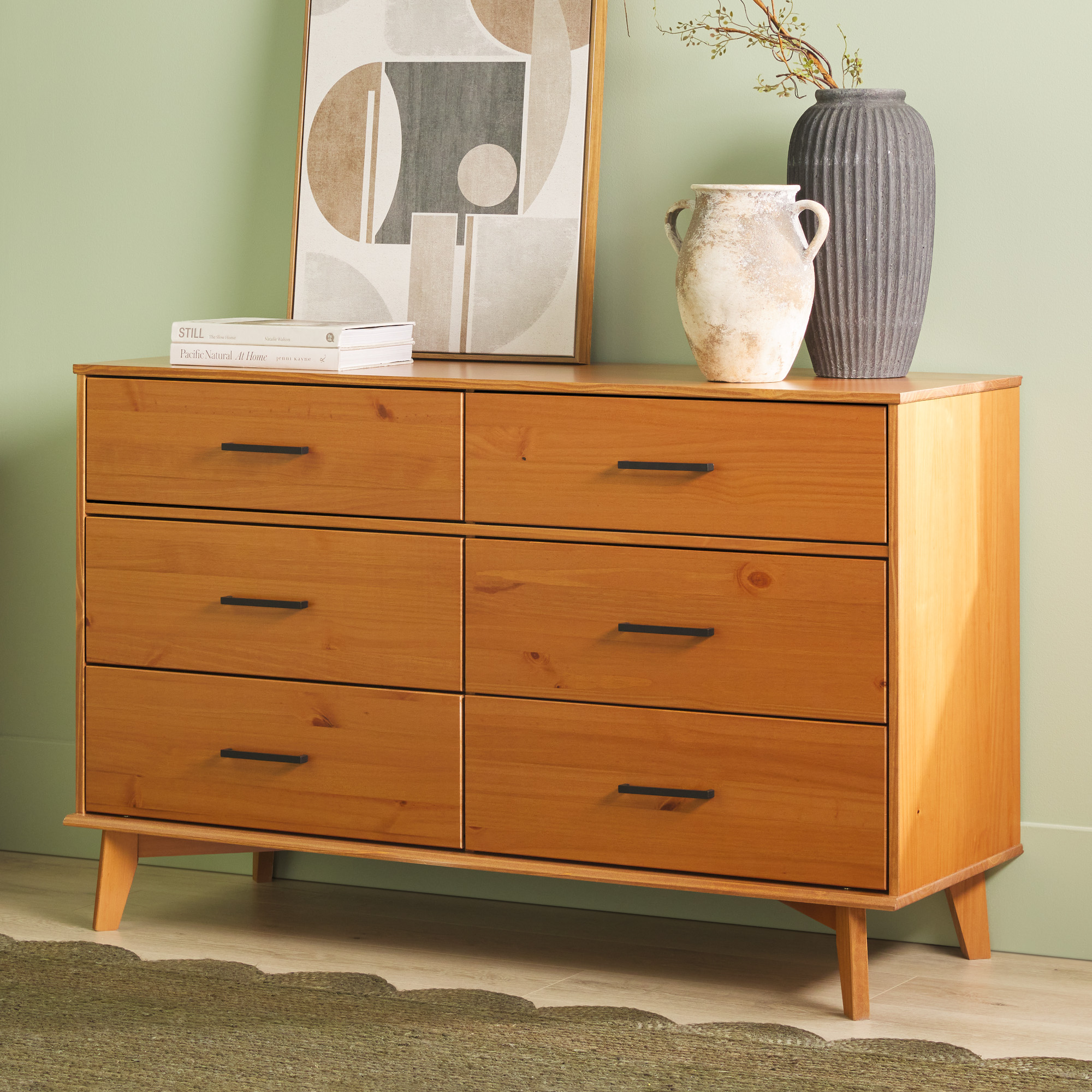 thumbnail video image 2 of Modern Solid Wood 6-Drawer Dresser with Metal Handles - Caramel, 2 of 18