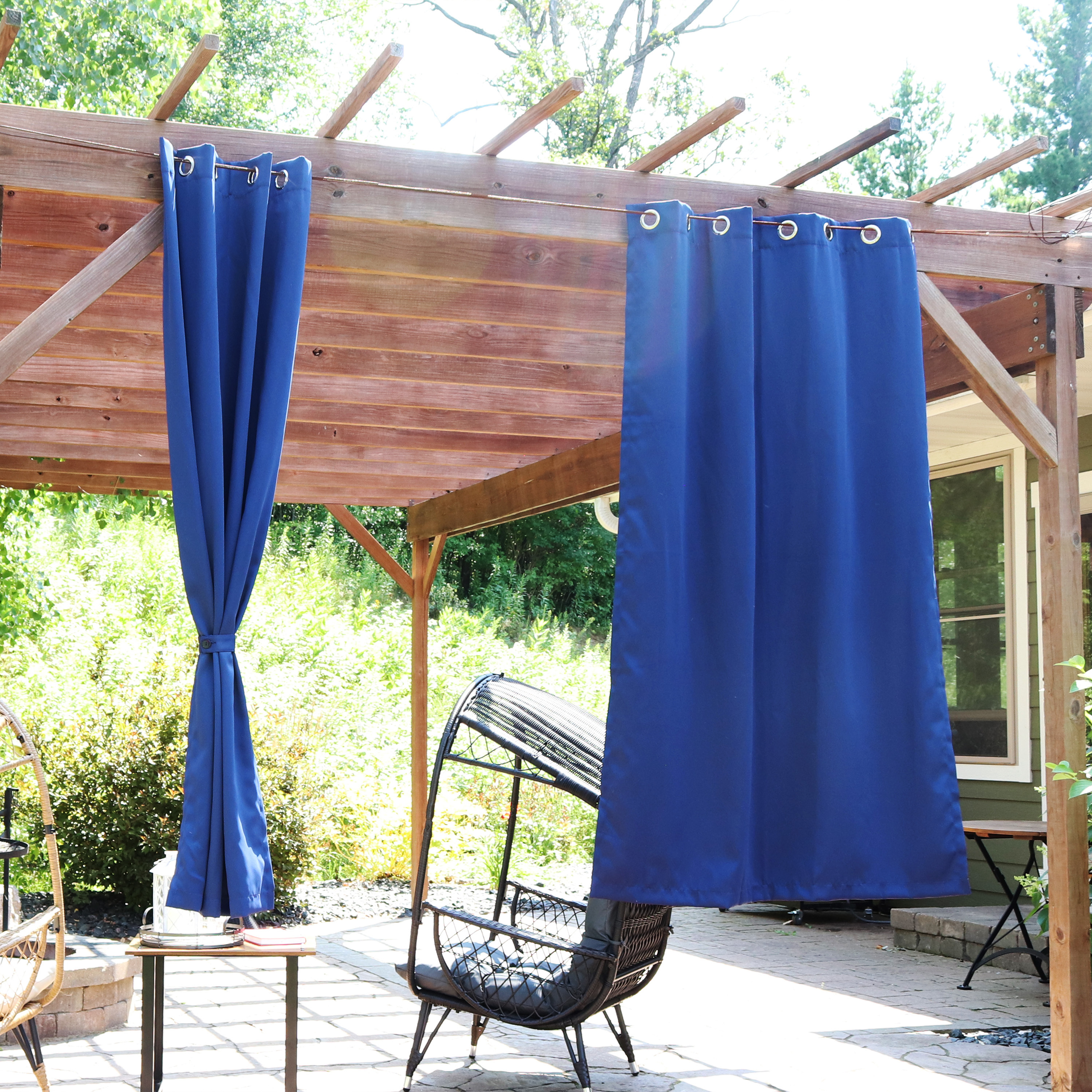 thumbnail video image 2 of Sunnydaze Modern 2-Piece Blue Solid Blackout Indoor or Outdoor Curtain Set, 2 of 14
