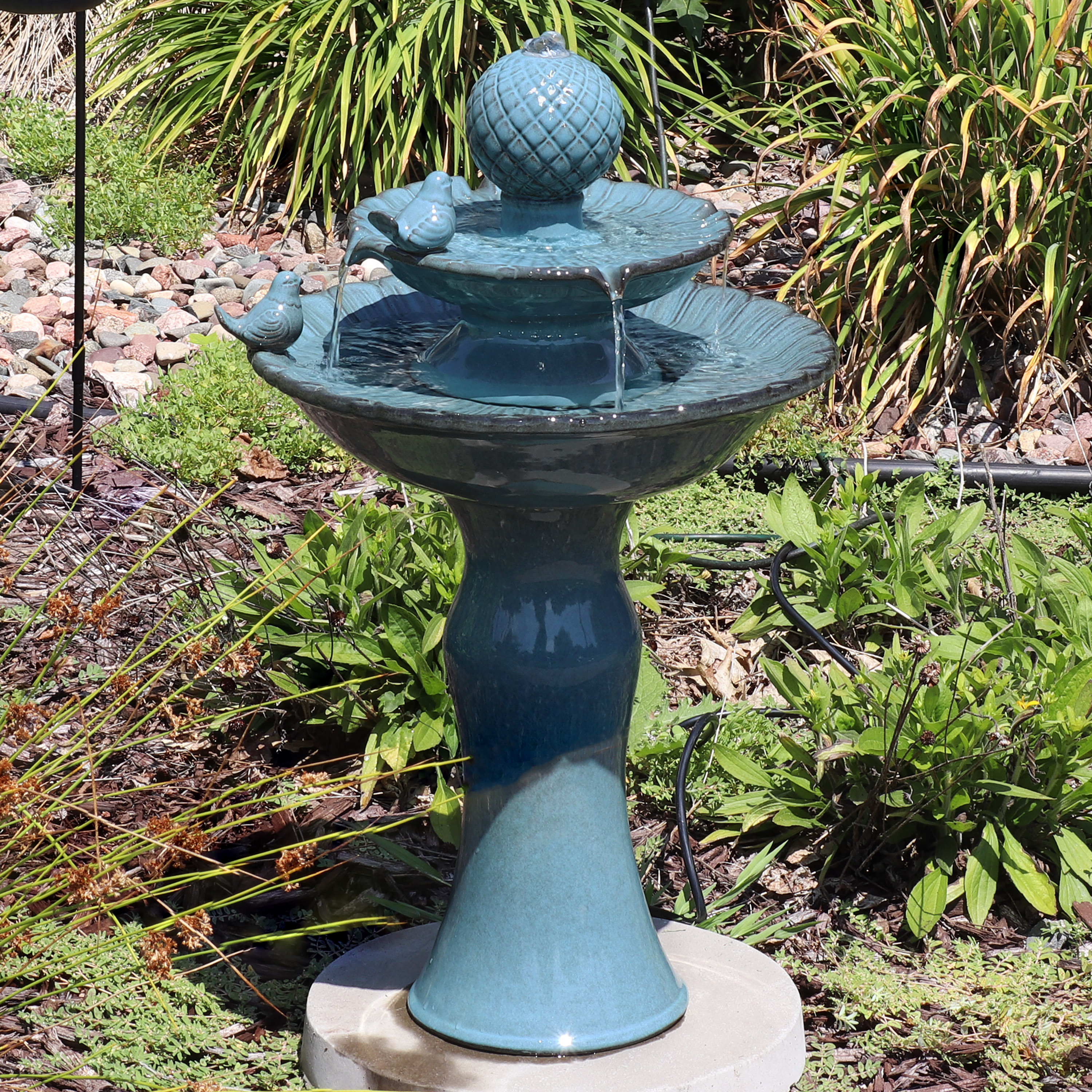 thumbnail video image 2 of Sunnydaze Resting Birds Contemporary Blue Ceramic 2-Tiered Outdoor Water Fountain, 2 of 18